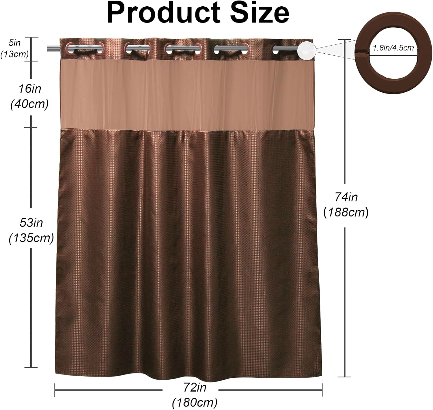 Brown Waffle Weave Shower Curtain with Snap in Liner Polyester Fabric Hotel and Spa Bathroom Decor Set Waterproof Detachable Washable No Hook 72 W x 74 H Inch