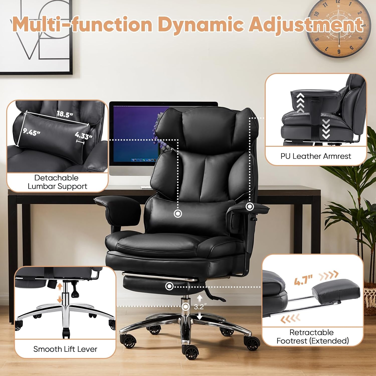 DUMOS Executive Home Office Desk Chair Ergonomic Big Tall High Back with Footrest & Lumbar Support, Reclining Height Adjustable Comfy PU Leather Computer Gaming with Swivel Wheels, Black - Image 5