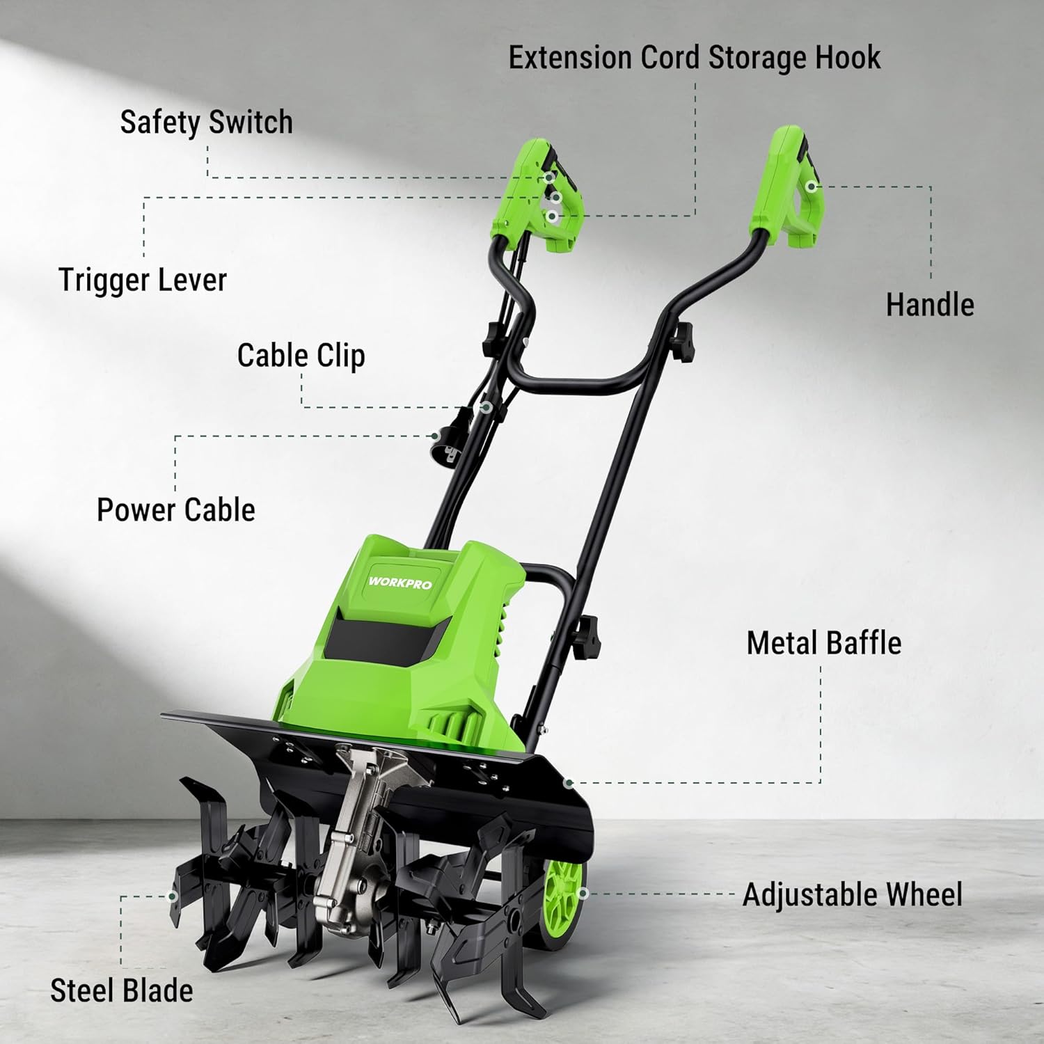 WORKPRO 12.5 Amp Electric Garden Tiller & Cultivator, 16" Tilling Width & 8.7" Depth, 6 Steel Tines, 4-Position Adjustable Wheels, Safety Switch, Corded Rototiller for Garden, Lawn & Flower Beds