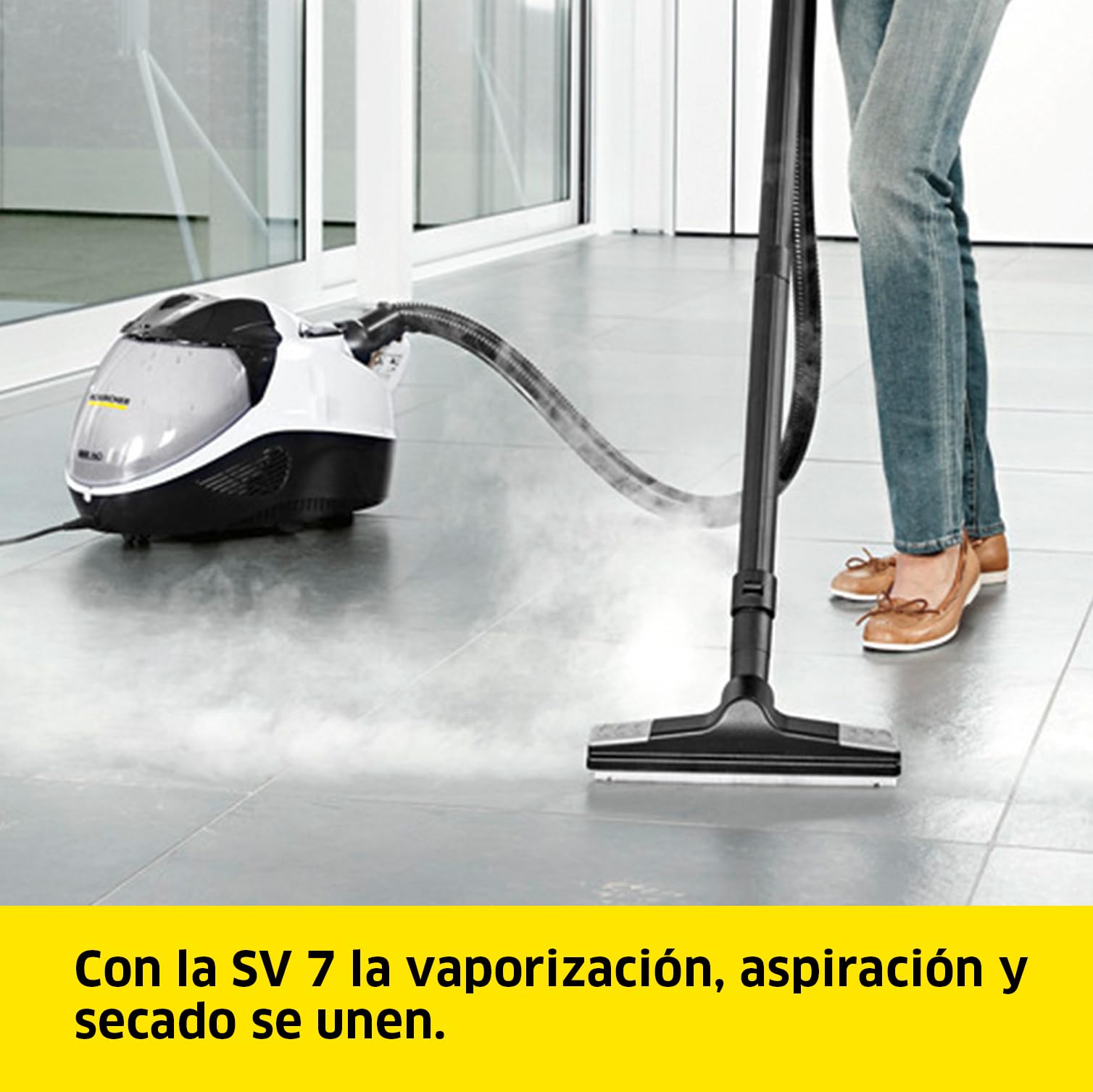 Kärcher Limpiadora de Vapor con Aspiración SV 7, Presión: máx. 4 bar, Calentamiento: 5 min, Aspiración y Vapor Regulables, Doble Depósito, Kit Limpieza de Suelo, Boquillas, Pincel para Muebles