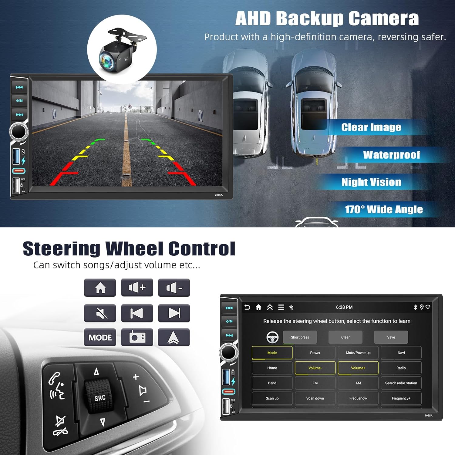 [6+128GB] 8-Core Android 15 Double Din Car Stereo with Wireless Carplay&Android Auto,7 Inch Car Radio Support Mirror Link WiFi GPS Navigation Bluetooth FM/RDS Radio EQ/DSP/SWC+AHD Backup Camera