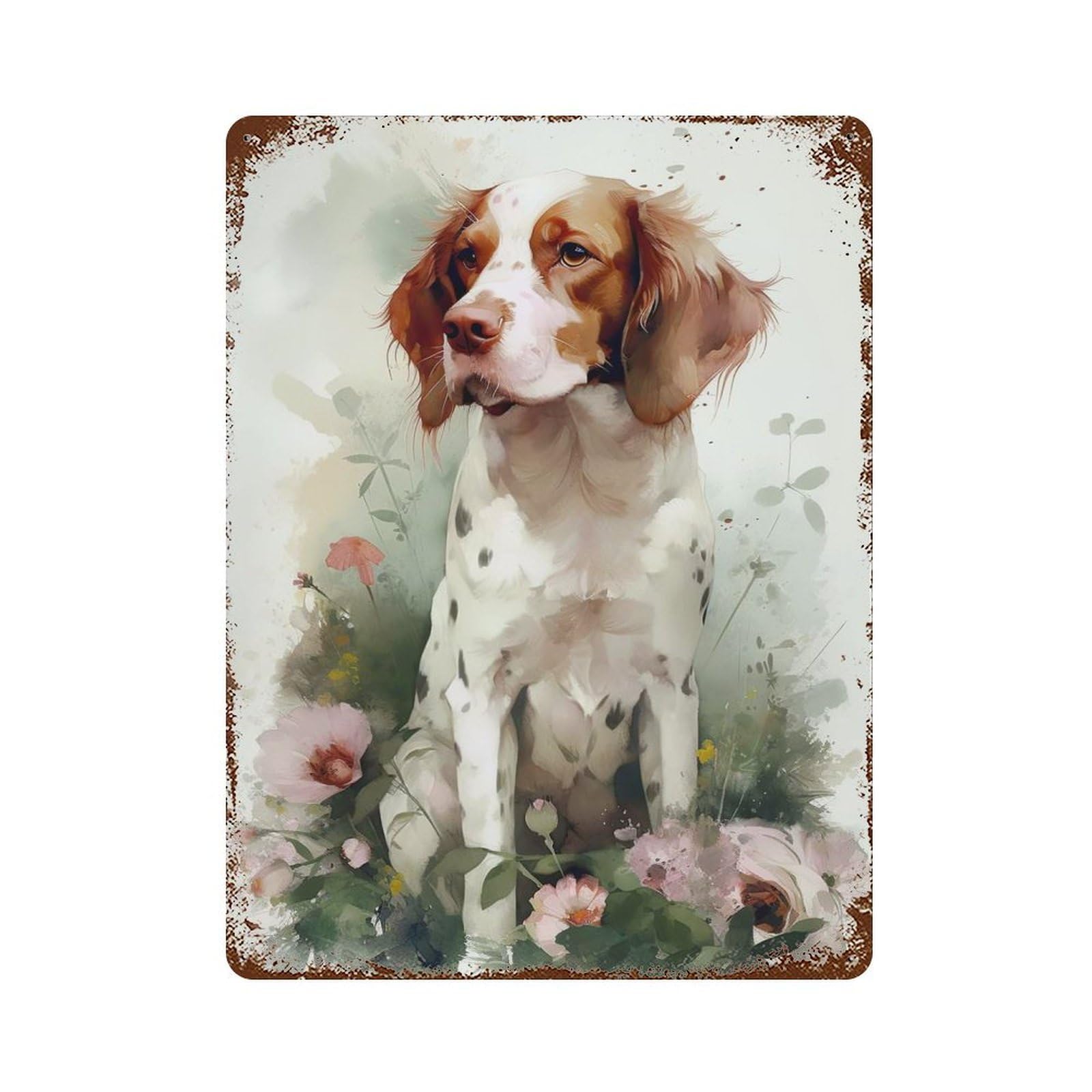 Rust Effect Brittany Spaniel Flowers Decorative Tin Sign 15.7"x11.8", Rustic Home Decor for Cafe, Home Bar And Lounge Decor