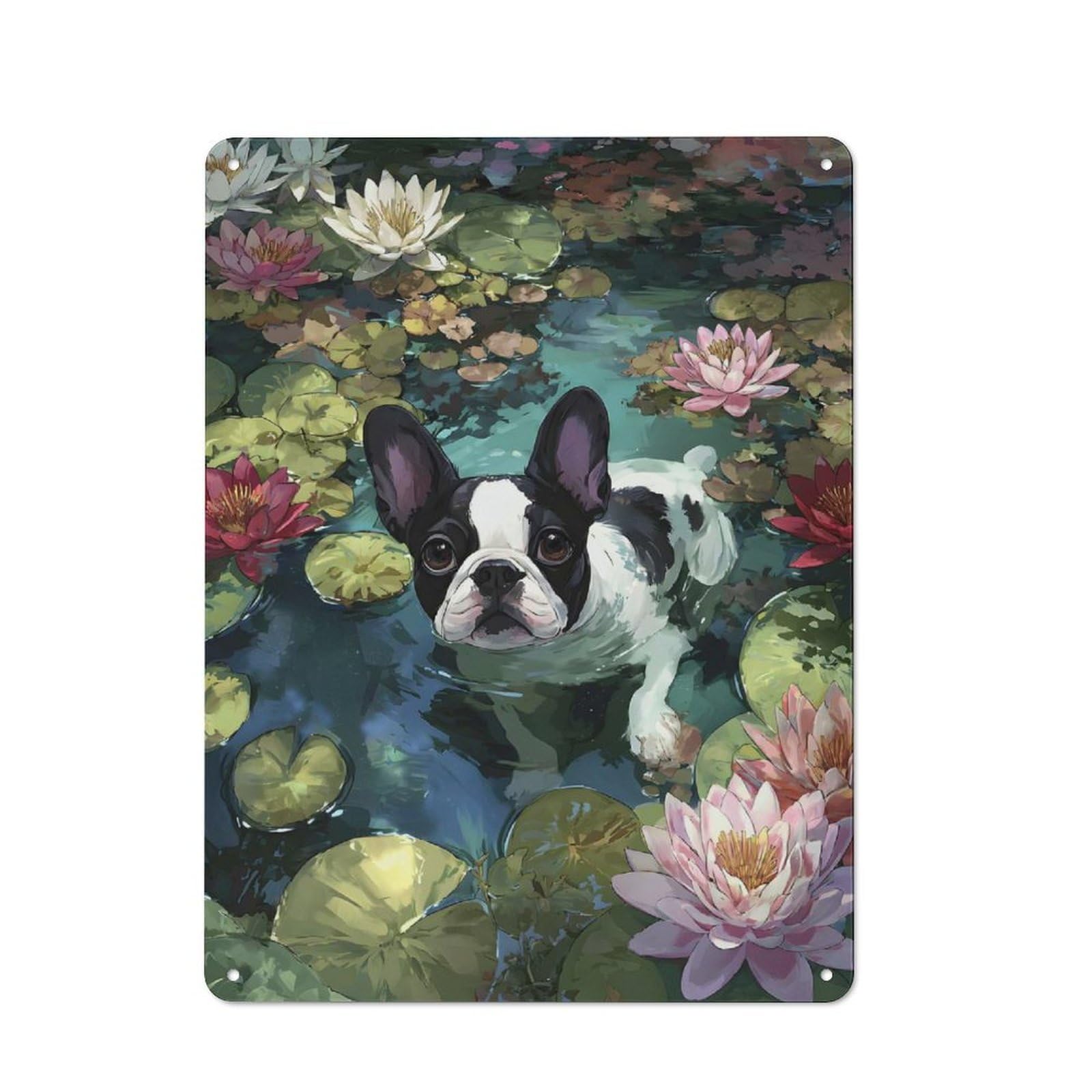Junmoney Style-11 Tin Wall Plaque 40X30cm With Dog In Lily Pond Painting For Home Office Or Studio, For Metal Sign Collectors, For Garage And Workshop Walls