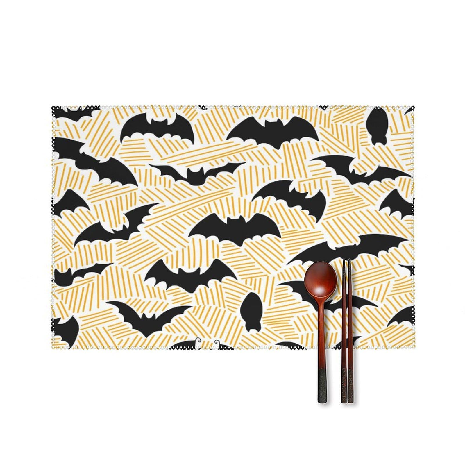 Black Bats Placemats Set of 6 Washable Farmhouse Dining Table Mat Non Slip Heat Resistant Non-Slip Place Mats Easy Clean Table Protective Placemats for Indoors & Outdoors