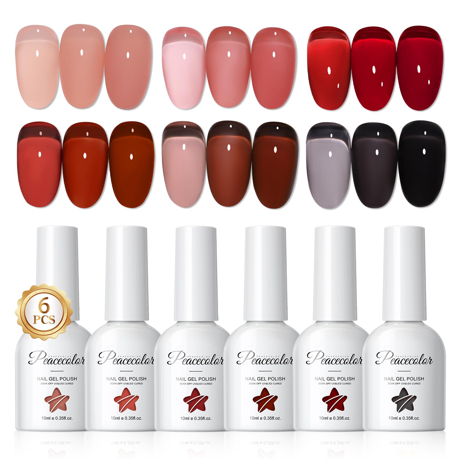 PEACECOLOR 6 * 10ML UV Nagellack Jelly Rot Schwarz Braun Gel Nagellack Herbst Winter, Jelly Nail Polish Transparent Soak off UV/LED Maniküre DIY zu Hause