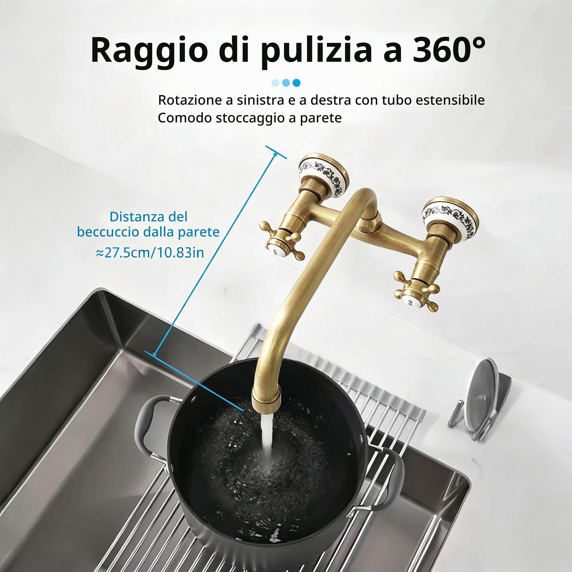 Rubinetto da Cucina a Muro in Ottone Anticato, Vintage Miscelatore Lavello a Parete in Bronzo, Girevole a 360° Doppia Manopola Rubinetti per Bagno e Cucina, Bocca da 23 CM