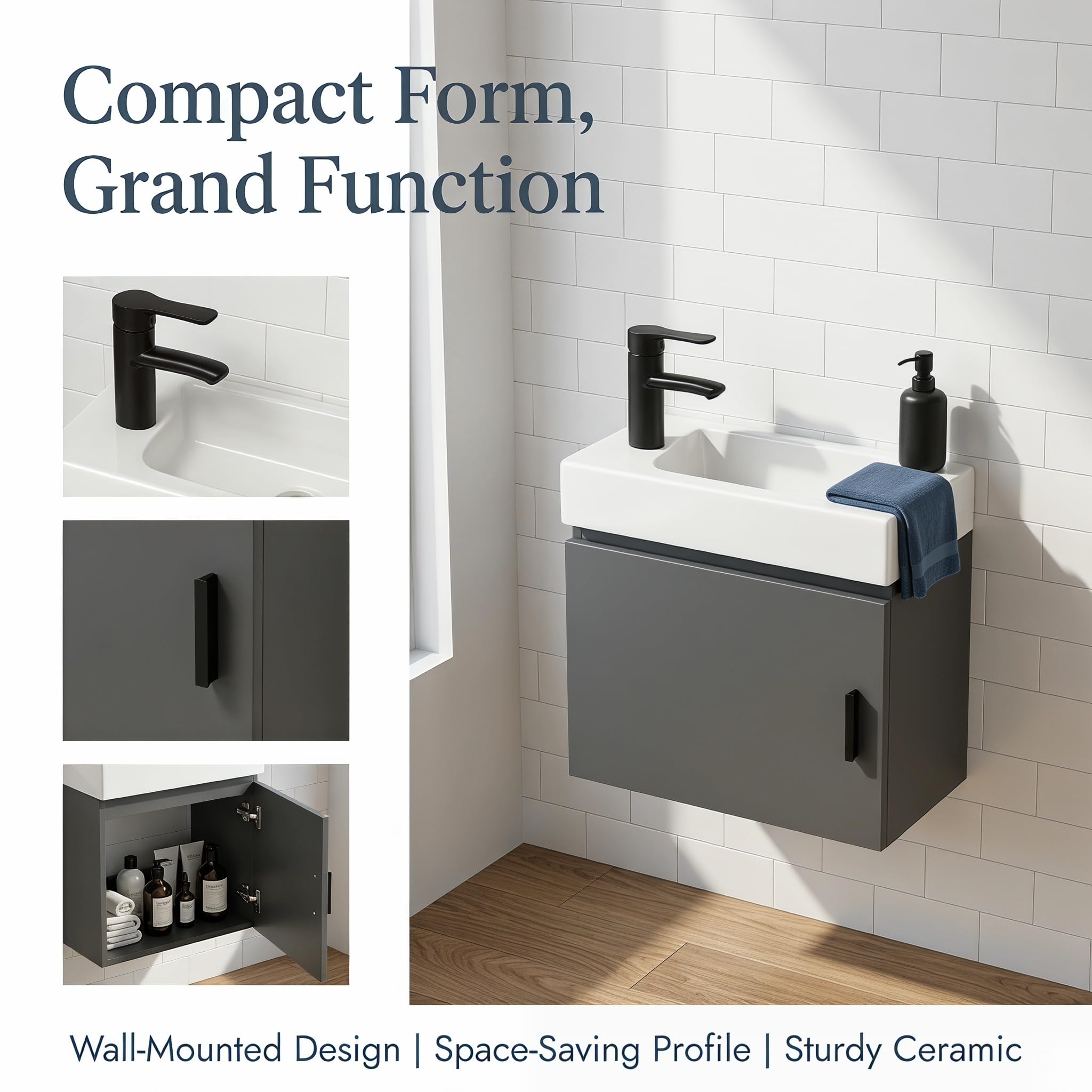 Combo de lavabo de baño de montaje en pared, gabinete de baño flotante de 16.9 pulgadas con lavabo de cerámica integrado, moderno juego de tocador de una sola puerta con grifo negro mate y accesorios