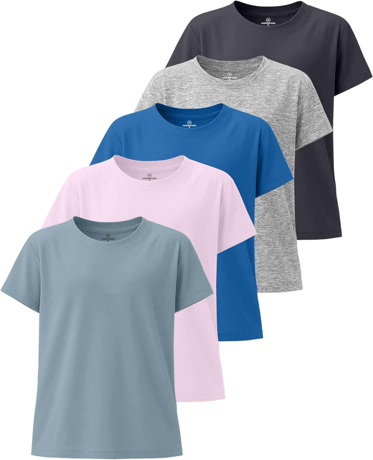 Real Essentials 5 Pack: Girls' Short Sleeve Dry-Fit Athletic T-Shirt - Active Gym Crew Neck Tops for Teens Kids (Ages 4-16)