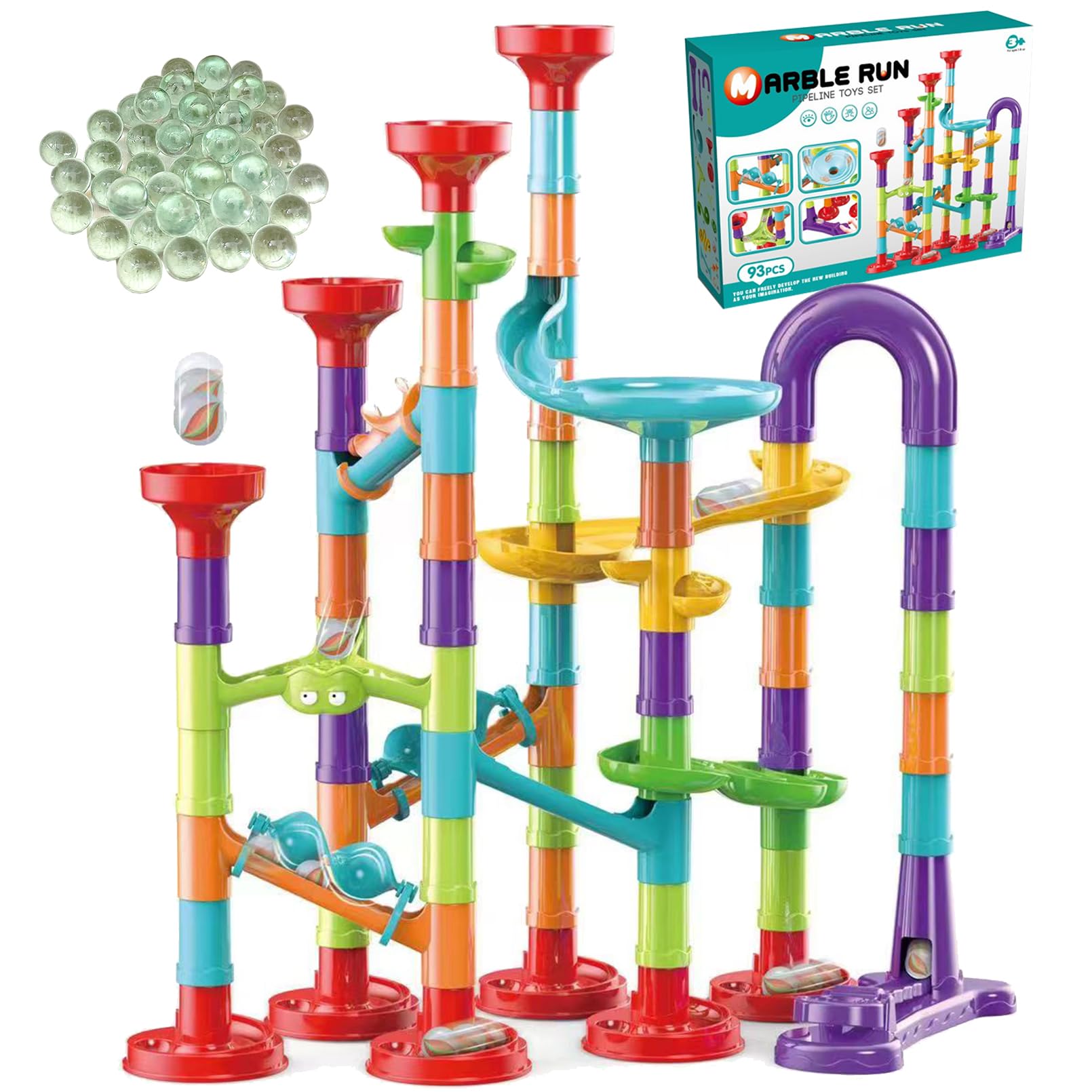 93 PCS Marble Toy Premium Set,STEM Educational Building Block Toy,Marble Track Race Set with 30 Glass Marbles for Boys & Girls,Construction Building Blocks Toys for Kids