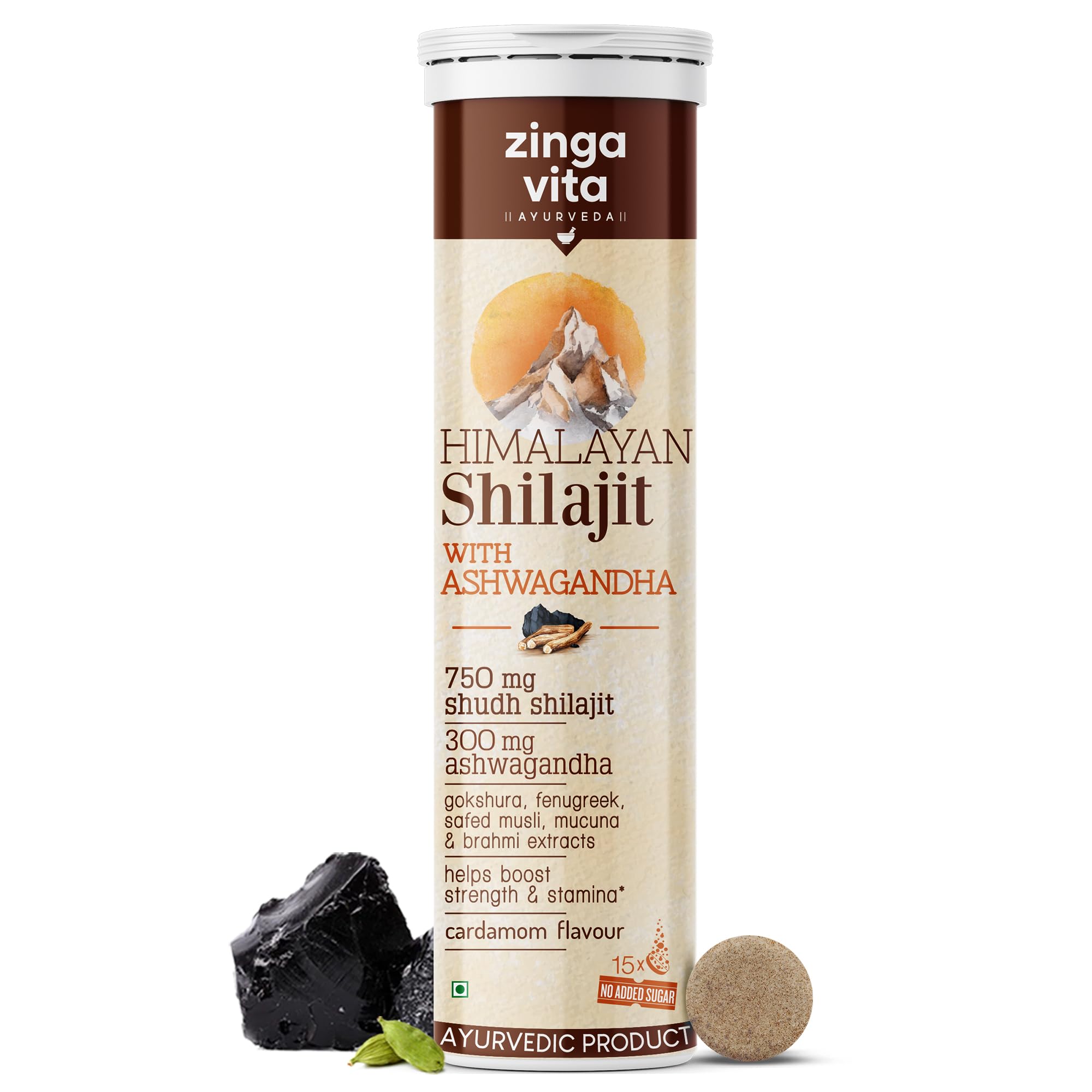 Zingavita Himalayan Shilajit for Men Pure Original Shilajit/Shilajeet (750 mg) with Ashwagandha Effervescent Tablets for Stamina & Performance Cardamom Flavour | 100% Ayurvedic | Pack of 1