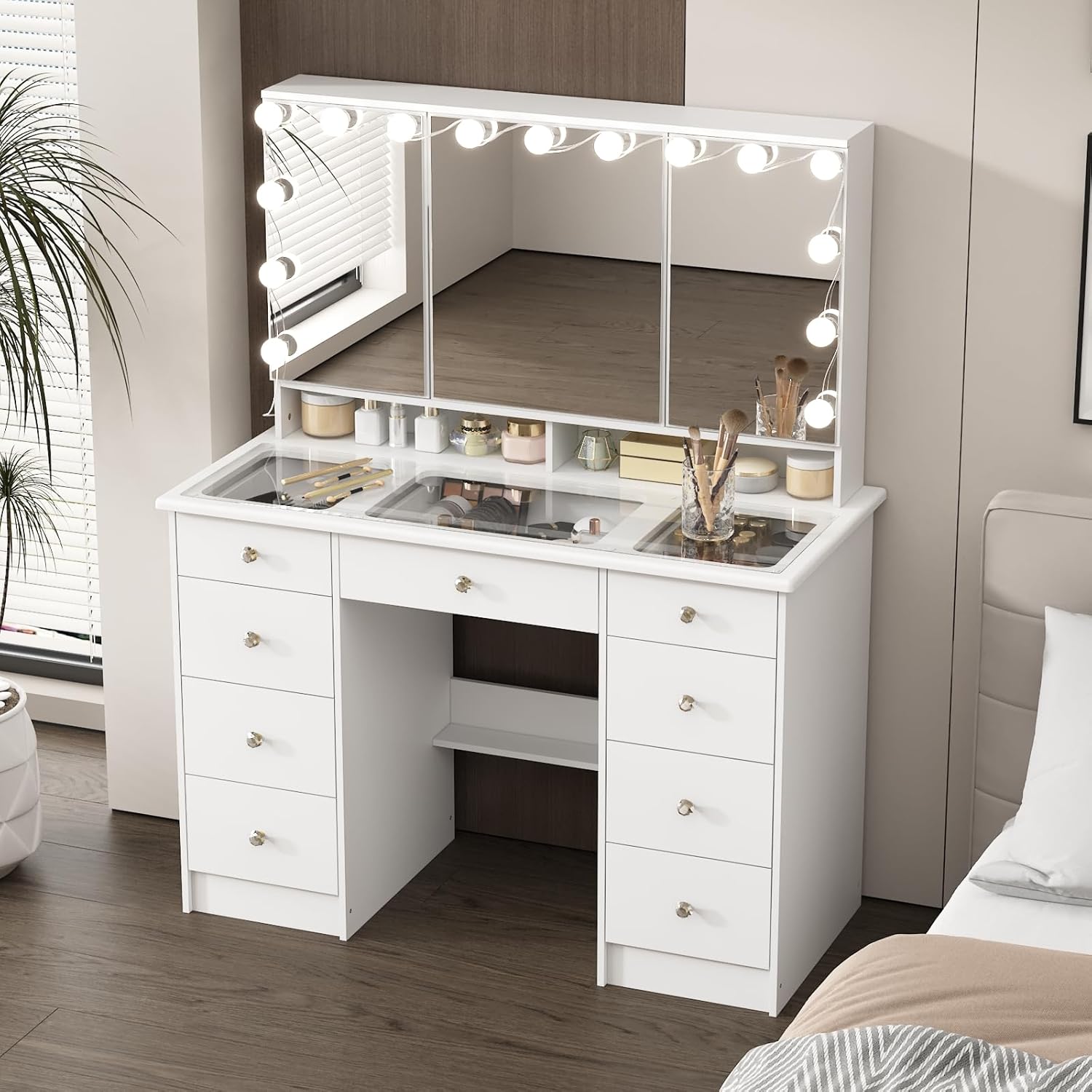 FUFU&GAGA Vanity Desk with Mirror and Bulb Lights, Large Glass Top Makeup Vanity, Modern Dressing Table with 9 Drawers & Shelves for Bedroom, White, 43.3”W x 19.7”D x 53.6”H