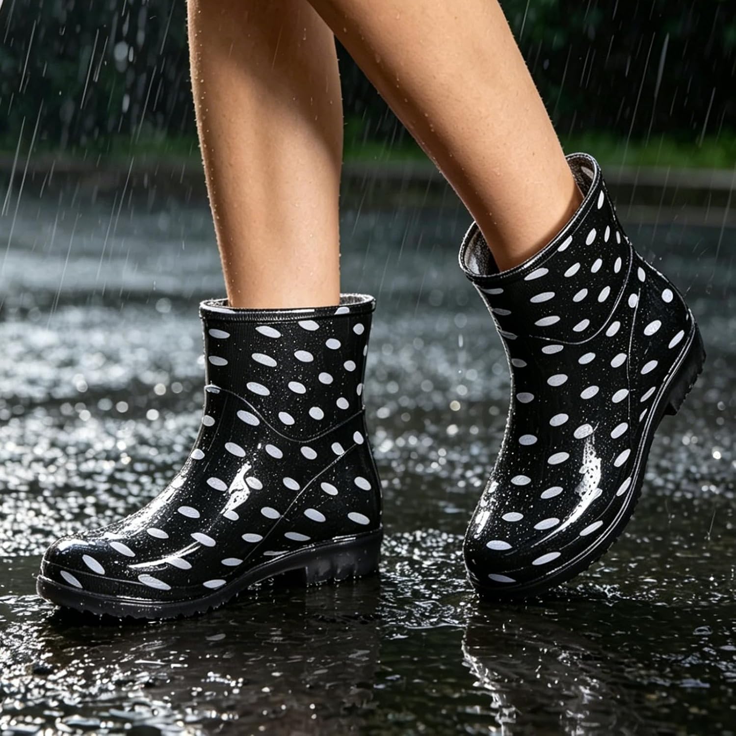 Ladies Ankle Waterproof Rain Boots Multi Color Printed Glossy Pull On Short Rain Footwear Casual