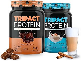 TRIPACT Protein - Premium Nutrition Shake - Non-GMO Grass Fed Whey Protein,Plant Proteins,Greens,Superfoods & Probiotics - 5g BCAAs - Creamy Chocolate & VanillaLatte w/Cinnamon 1.5lb Each