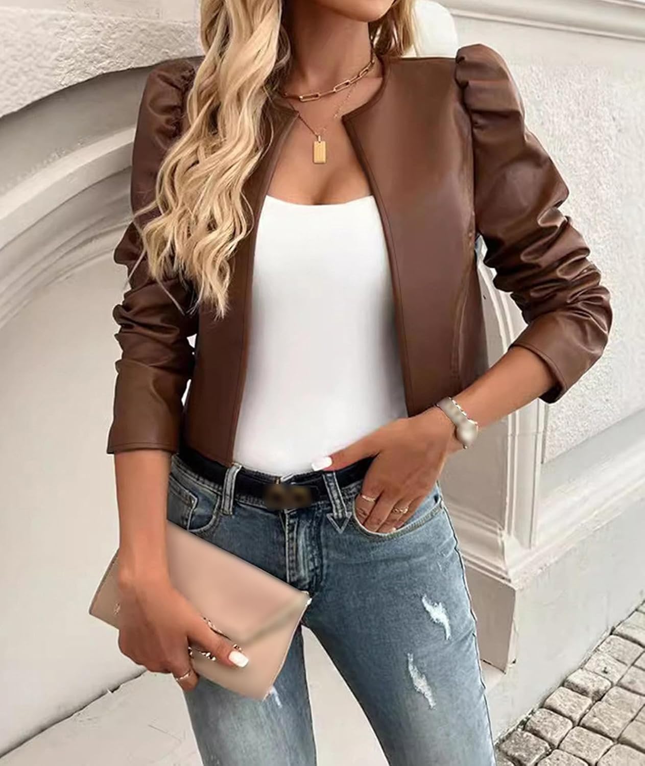 SEMATOMALA Women's Puff Sleeve Cropped Jacket Faux Leather Bolero Blazer Long Sleeve Open Front PU Cardigan - Image 4