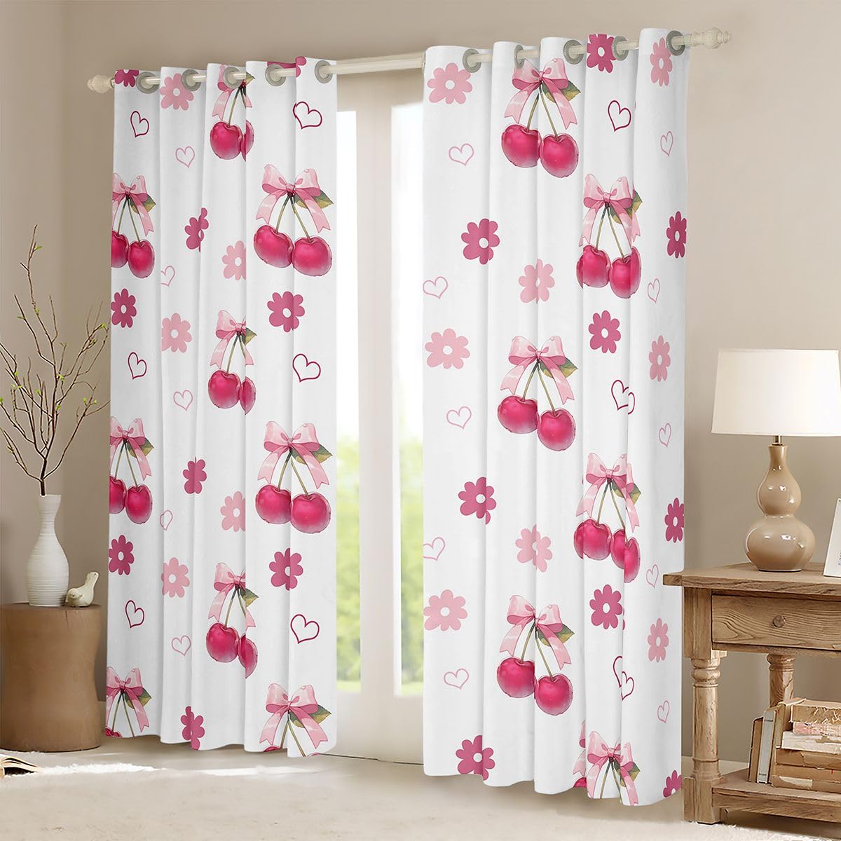 Homewish Dziewczęca kokardka księżniczka wiśniowo-różowe zasłony okienne 132 x 160 cm 2 zestawy paneli - miłosne serca zasłony zaciemniające urocza wstążka kokarda marzycielskie dekoracje okienne