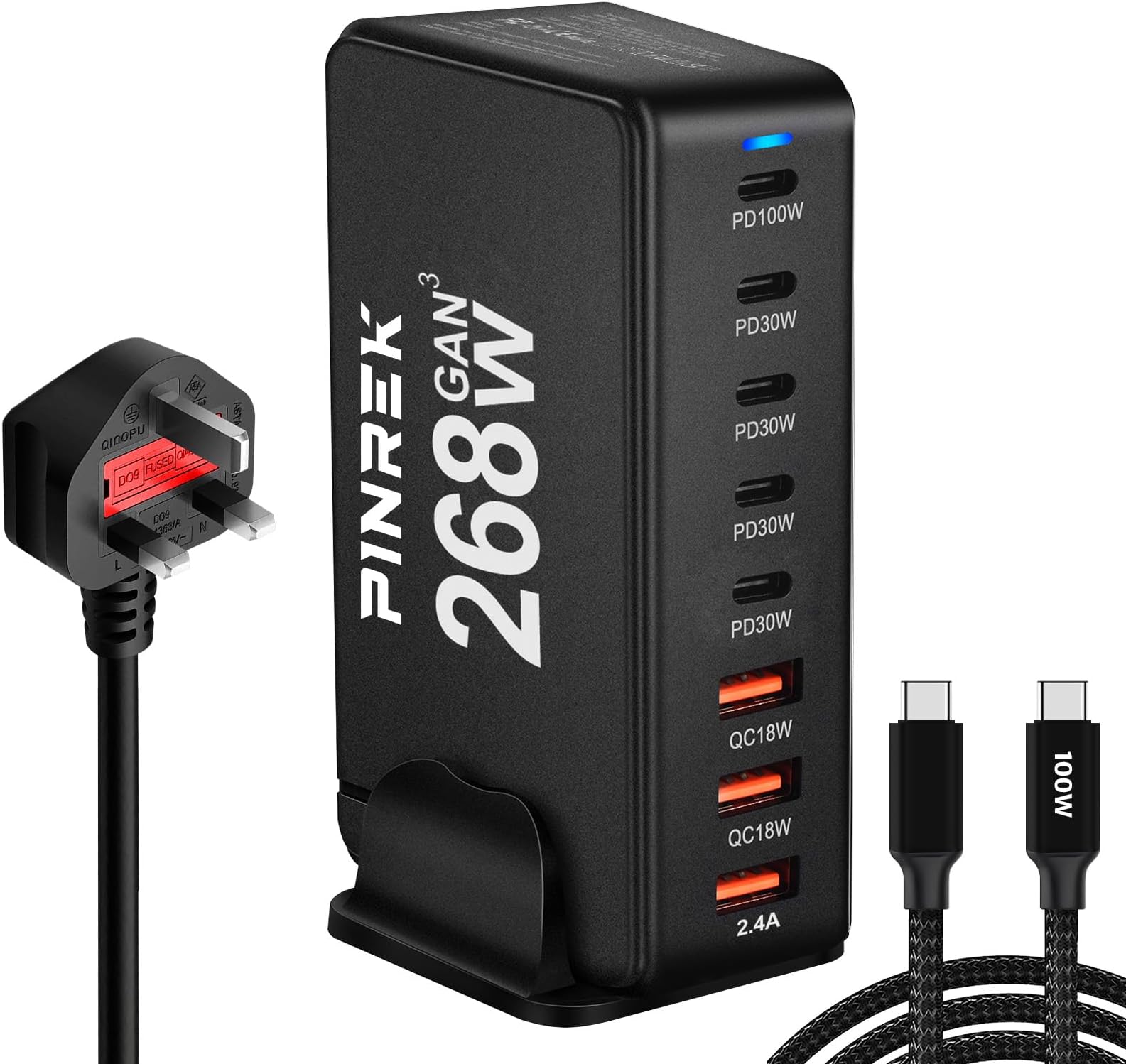 PINREK 268W USB C Charger Charging Station, 8-Port GaN Fast Type C Charger Adapter with 100W PD Ports - Universal Desktop Wall Plug for Laptop, MacBook, iPhone, Galaxy, iPad (Black) (Black)