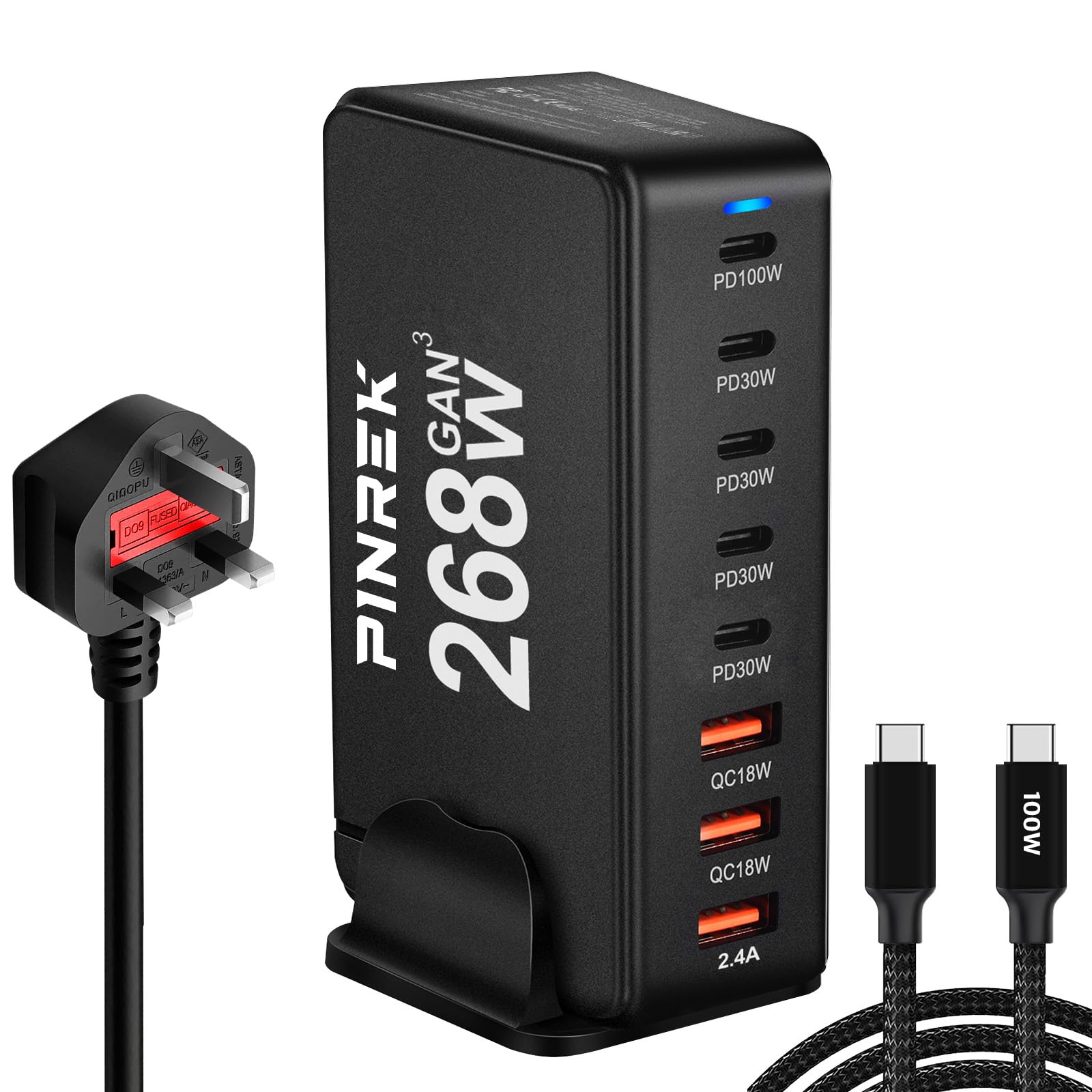 PINREK 268W 8-Port Charging Station, GaN III Fast USB C Wall Plug Charger with 100W PD - Universal Multi Port Desktop Type C Charger Adapter for Laptop, MacBook, iPhone, Samsung Galaxy, iPad