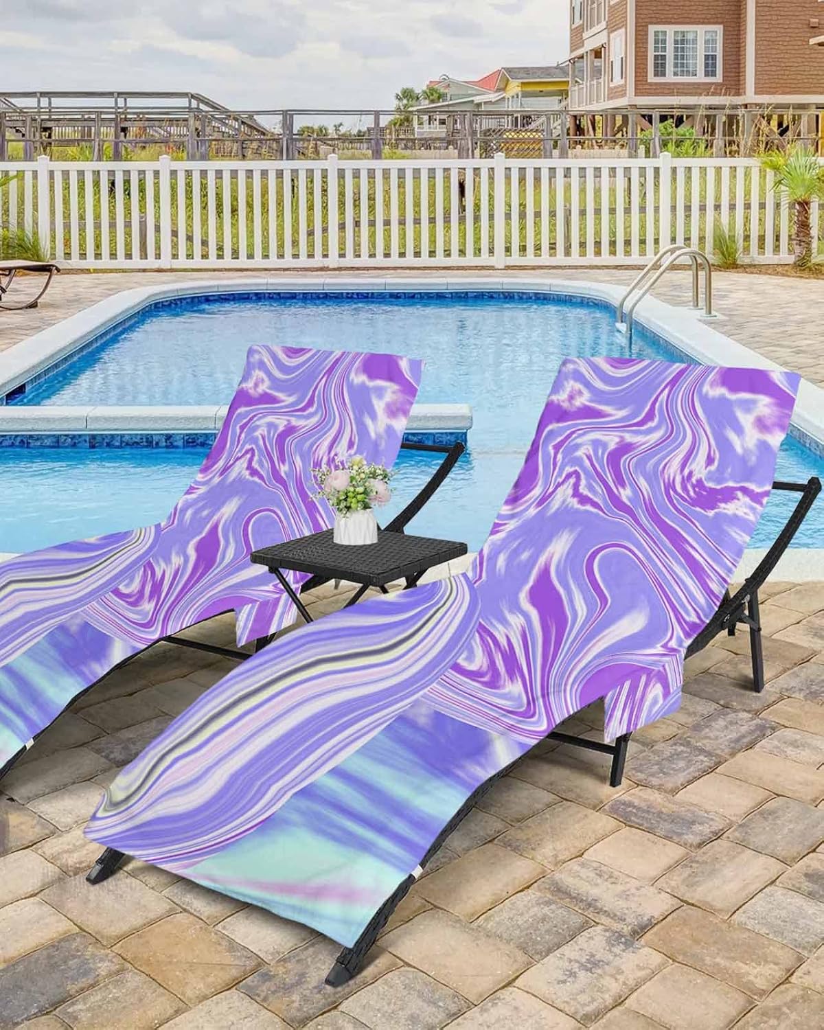 Marble Fluid Art Beach Pool Patio Lounge Chaise Chair Cover Towel With Pockets,Absorbent & Quick Dry Microfiber Towel Cover Bag Summer Accessories for Sunbathing Abstract Modern Ombre Purple Blue Pink