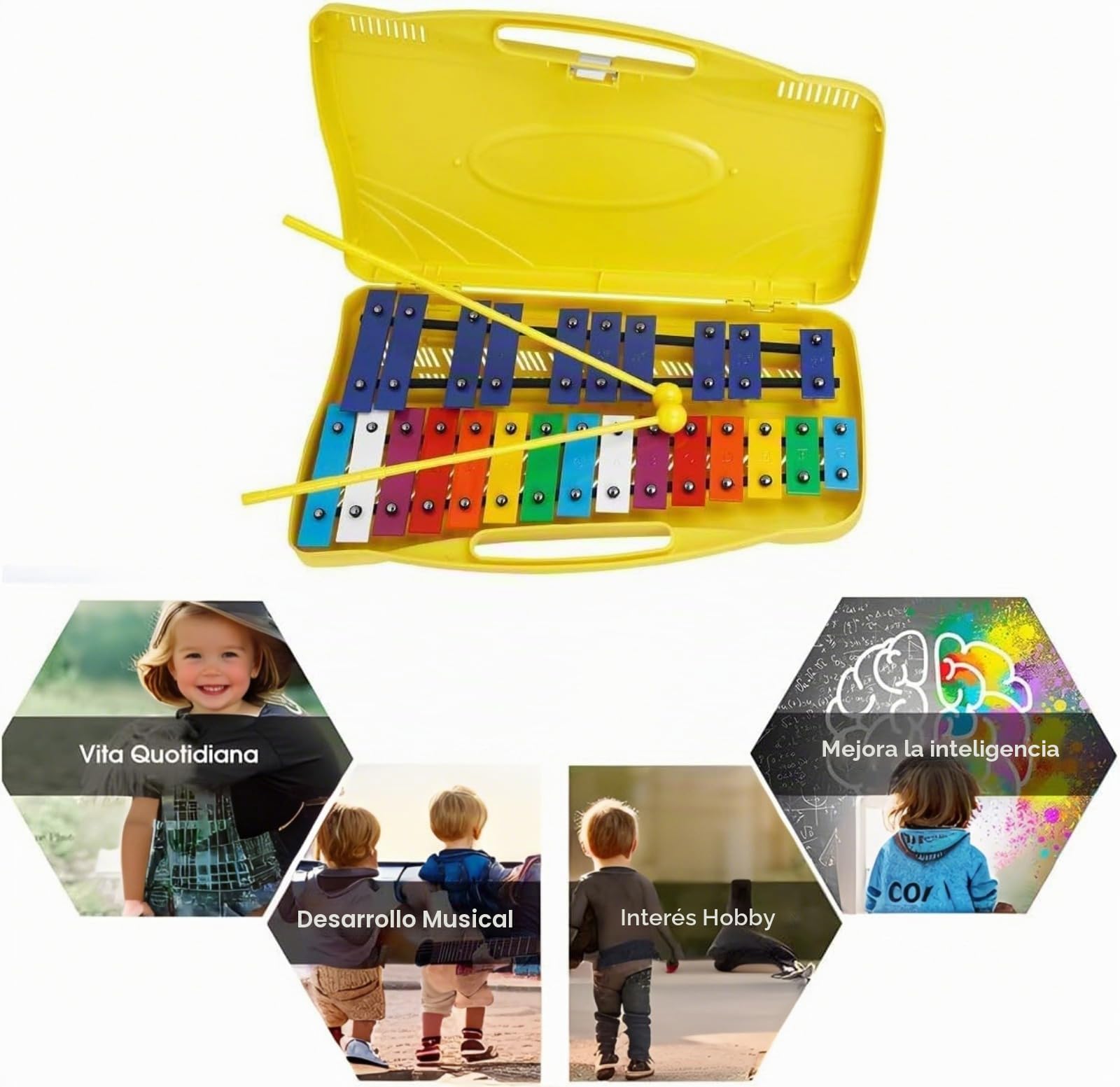 Xilófono Glockenspiel Metalófono 25 Teclas Metálicas Instrumento ，musical de placa de aluminio de 25 tonos, percusionado a mano， con Estuche Amarillo ，Metalófono Percusión Manual
