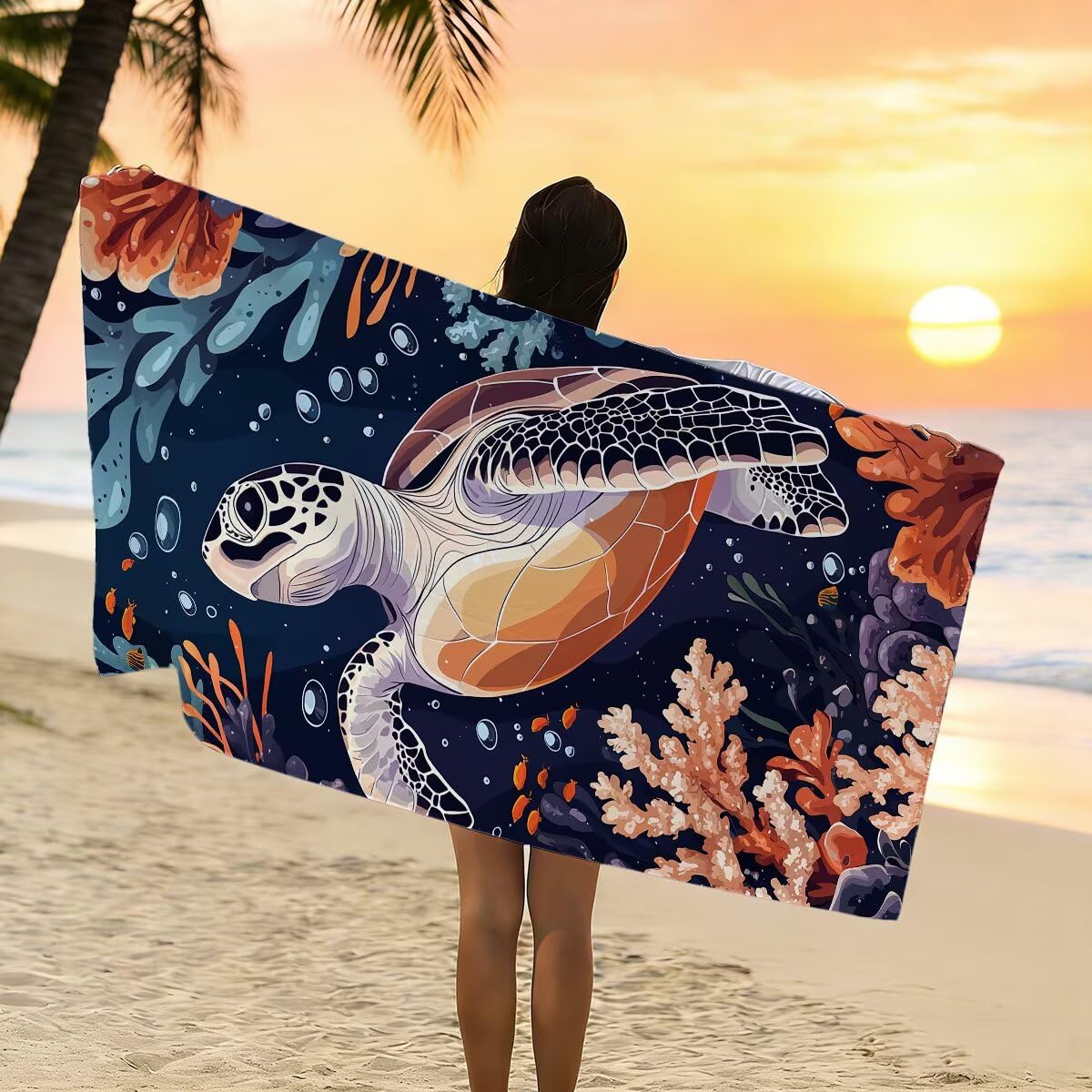 Telo Mare Microfibra, Telo Mare Grande 90x200cm 2 Pezzi, Asciugamano Palestra Donna Asciugatura Rapida, Antisabbia Asciugamano Microfibra, Leggero Asciugamani Palestra per Regalo (Tartaruga) -4550