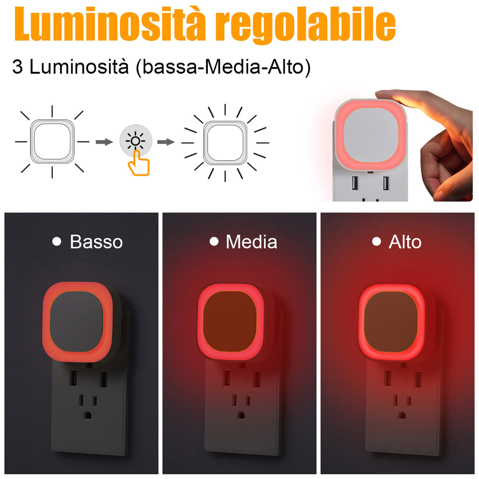 YUNLEX Presa di Luce Notturna con Sensore Crepuscolare, 3 livelli di luminosità regolabile per Camera dei Bambini, Bagno, Corridoio, Cucina, Scale, Rosso