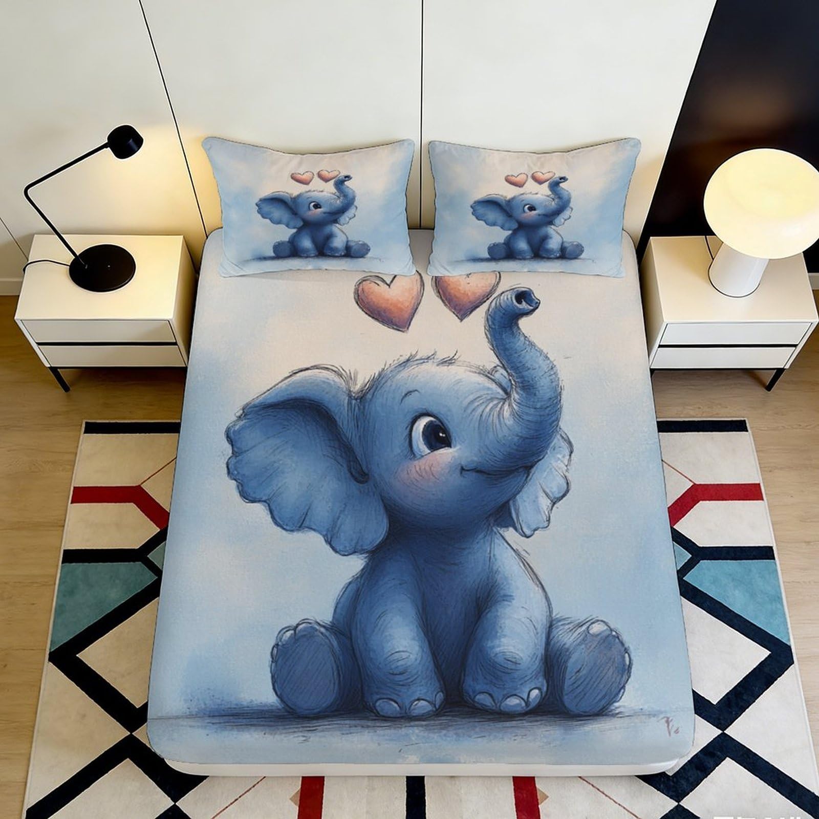 3D Printed Cute Elephant Fitted Sheet Microfiber Blue Cartoon Hearts Bed Cover for Bedroom Guest Room Mattress Decor 90x200x25cm
