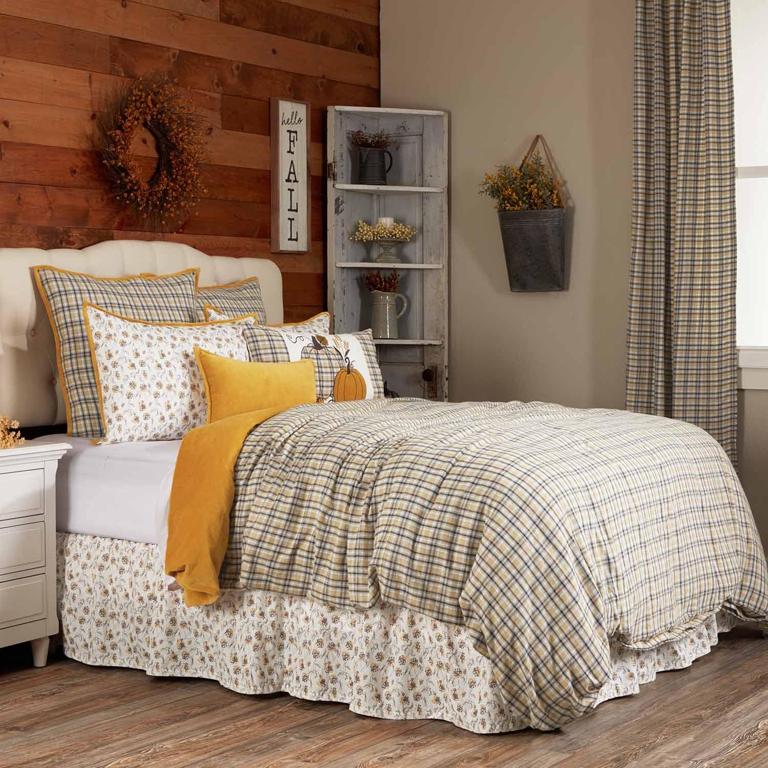 Morning Meadow Floral King Bed Skirt, 16" Drop, Split Corners, Mustard and Yellow Printed Flowers on an Off White Fabric, Farmhouse, Country Cottage, Vintage Dust Ruffle