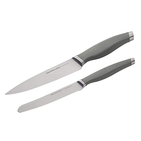 Rachael Ray Cutlery Japanese Stainless Steel Knives Set with Sheaths, 6-Inch Utility Knife and 5-Inch Serrated Utility Knife, Gray