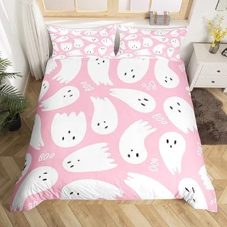 Castle Fairy Happy Halloween Comforter Cover Queen Size,Cartoon Ghost Pink White Duvet Cover Set for Men Women Adults Bedroom Decor, Watercolor Print Ultra Soft Quilt Cover 3 Pcs
