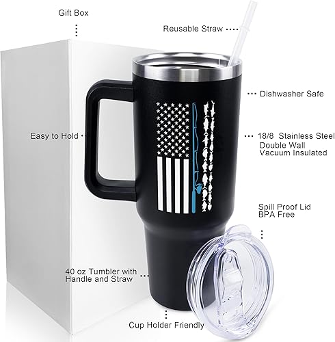 Miniatura 2 de PERRIFIC Vaso de pesca de 40 onzas con asa y tapa de popote a prueba de fugas, regalos de pesca para hombres, regalos de Navidad y cumpleaños para