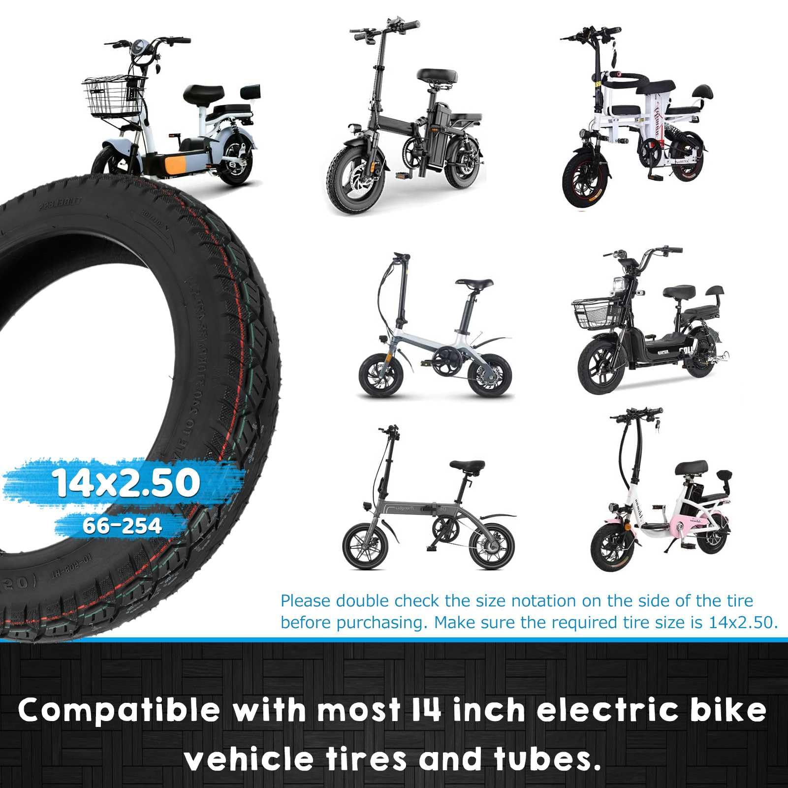 14x2.50 Ebike Tire - Tubeless, Anti-Puncture, 6-Ply Rating For Electric Bikes & Scooters (66-254 Bent Valve Included) - View #8