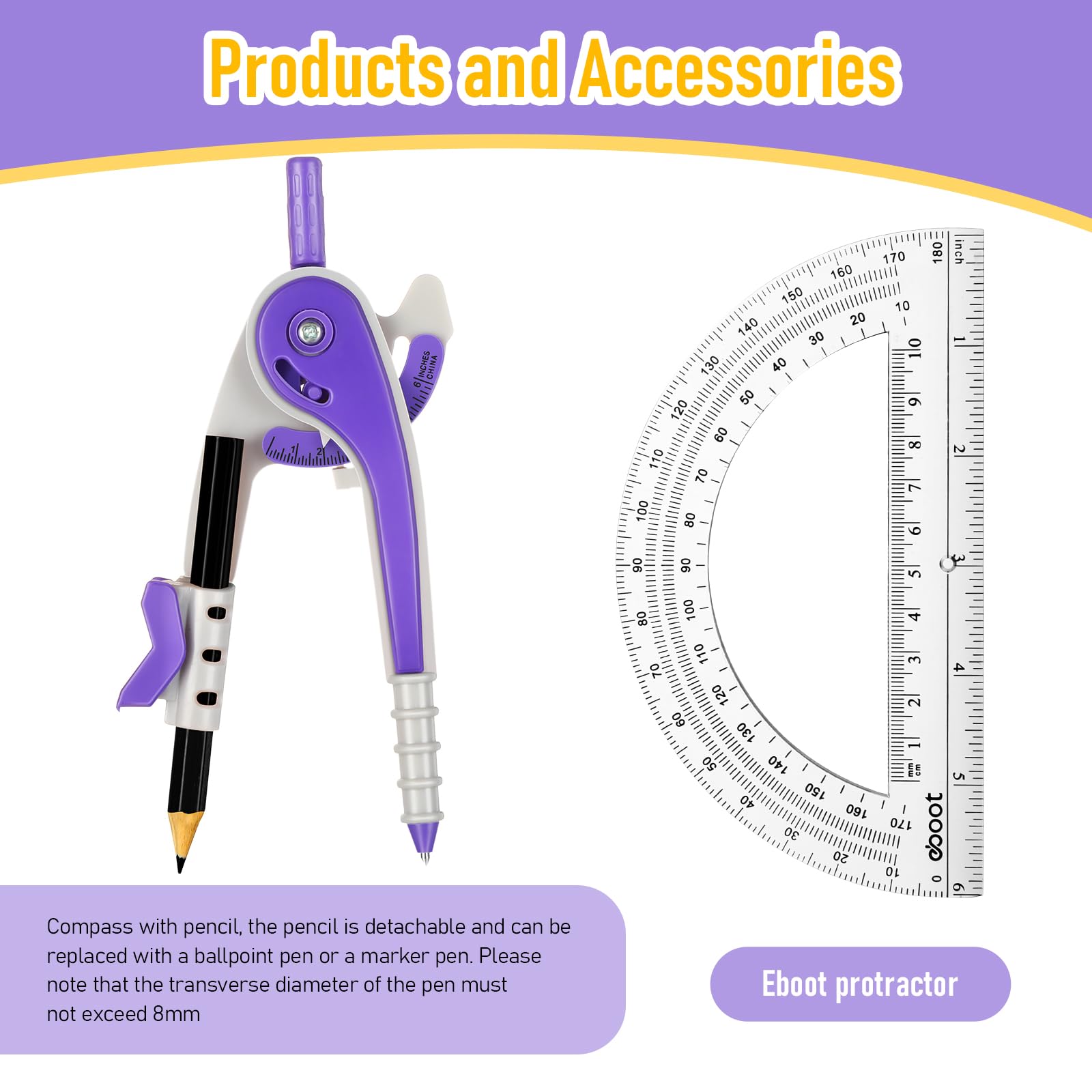 EBOOT Student Geometry Math Set, Drawing Compass and 6 Inch Clear Swing Arm Protractors 180 Degree Math Protractor (Purple)