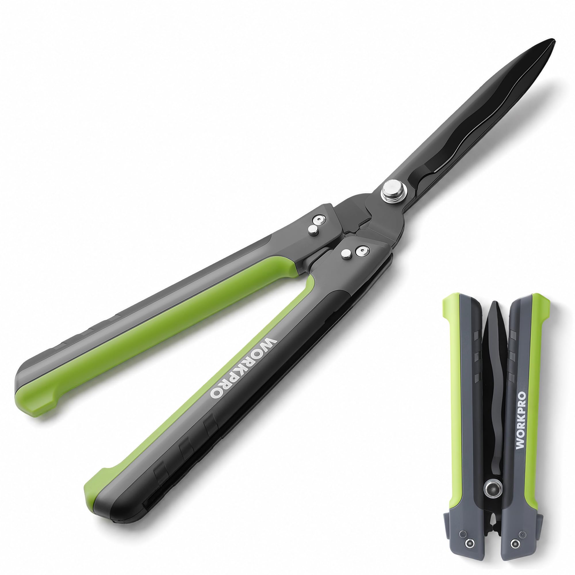 WORKPRO Heckenschere 58,5 cm mit 14° Wellenschliff, Klappbar | Ergonomische Griffe, Präziser Wellenschliff, für Hecken, Sträucher und Rasenkanten,Strauchschere, Heckenschere Manuell