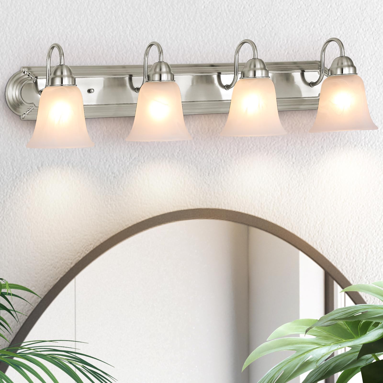 4-Light Bathroom Vanity Light Fixtures, 36 Inches Modern Vanity Light over Mirror with Alabaster Wihte Glass, Farmhouse Light Fixture for Bathroom (Brushed Nickel)