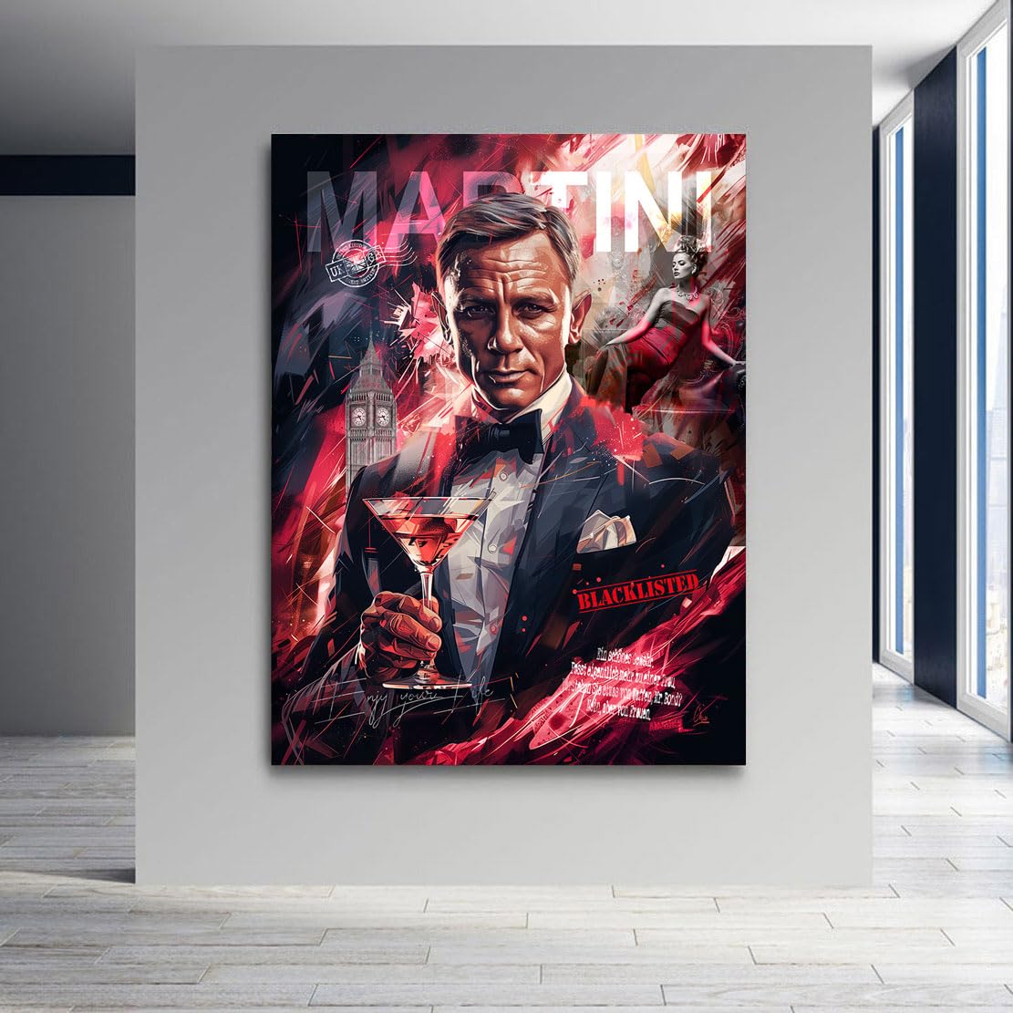 Kunstgestalten24 | James Bond Martini Pop Art Leinwand-Bild | Leinwandbild mit Echtholz-Keilrahmen | Wandbild Gemälde Kunst Art | Hochwertige Kunstdrucke | XXL Bilder auf Leinwand