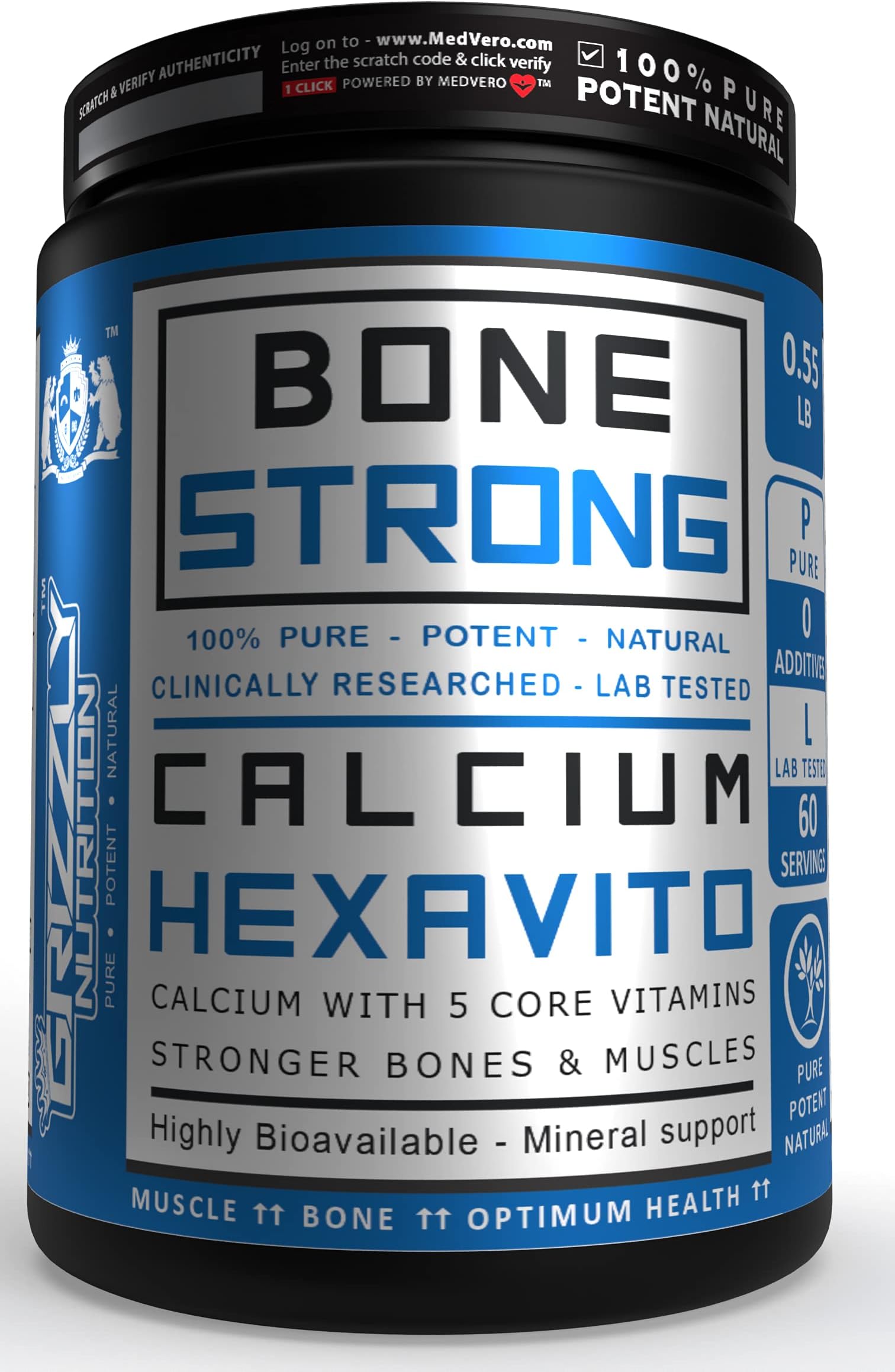 Grizzly Nutrition- Bone Strong - Calcium Hexavito, With 5 Core Vitamins, Stronger bones, muscles, 250 grams powder, most bioavailable calcium citrate malate, zero additives, fillers, preservatives
