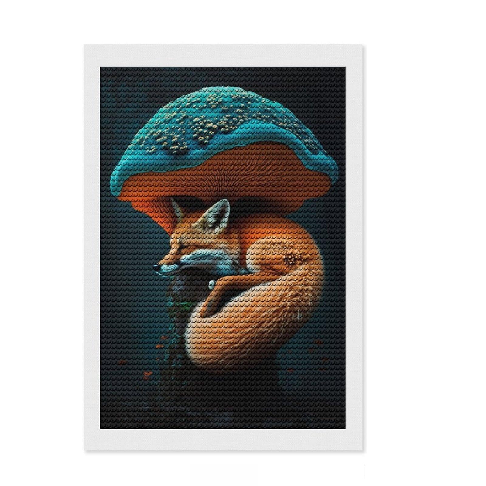 Junmoney Fox Sleeping Mushroom Diamond Art Canvas 8"x12", Relaxing DIY Hobby, Satisfying Creative Project, Farmhouse Decor, for Women