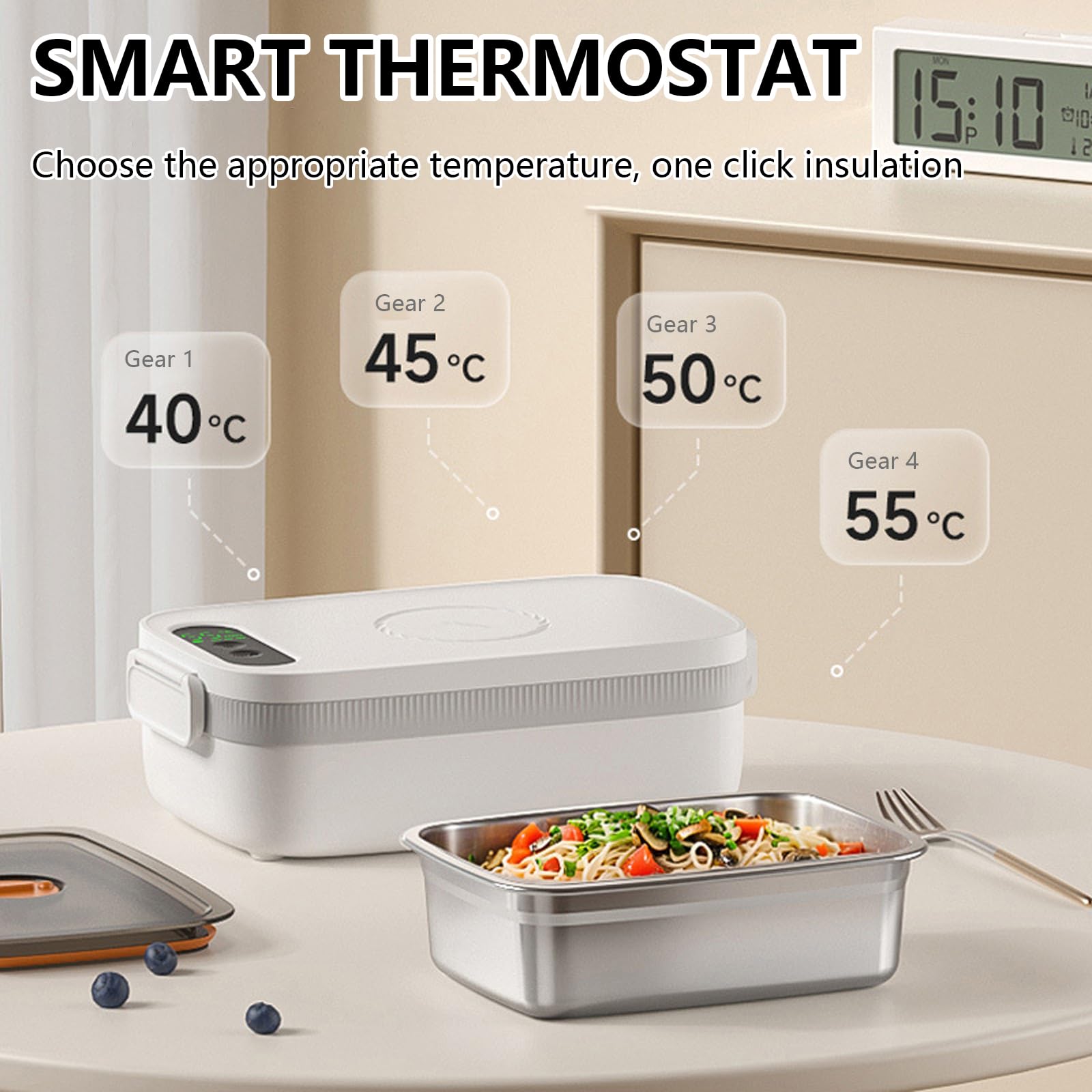 Elektrische Lunchbox, Thermo Lunchbox für Essen Heiß 80W Heated Lunch Box mit Akku Lunch Box Erwachsene mit Anzeige Temperatur Edelstahl Schale Warmhaltebox für Arbeit Reisen