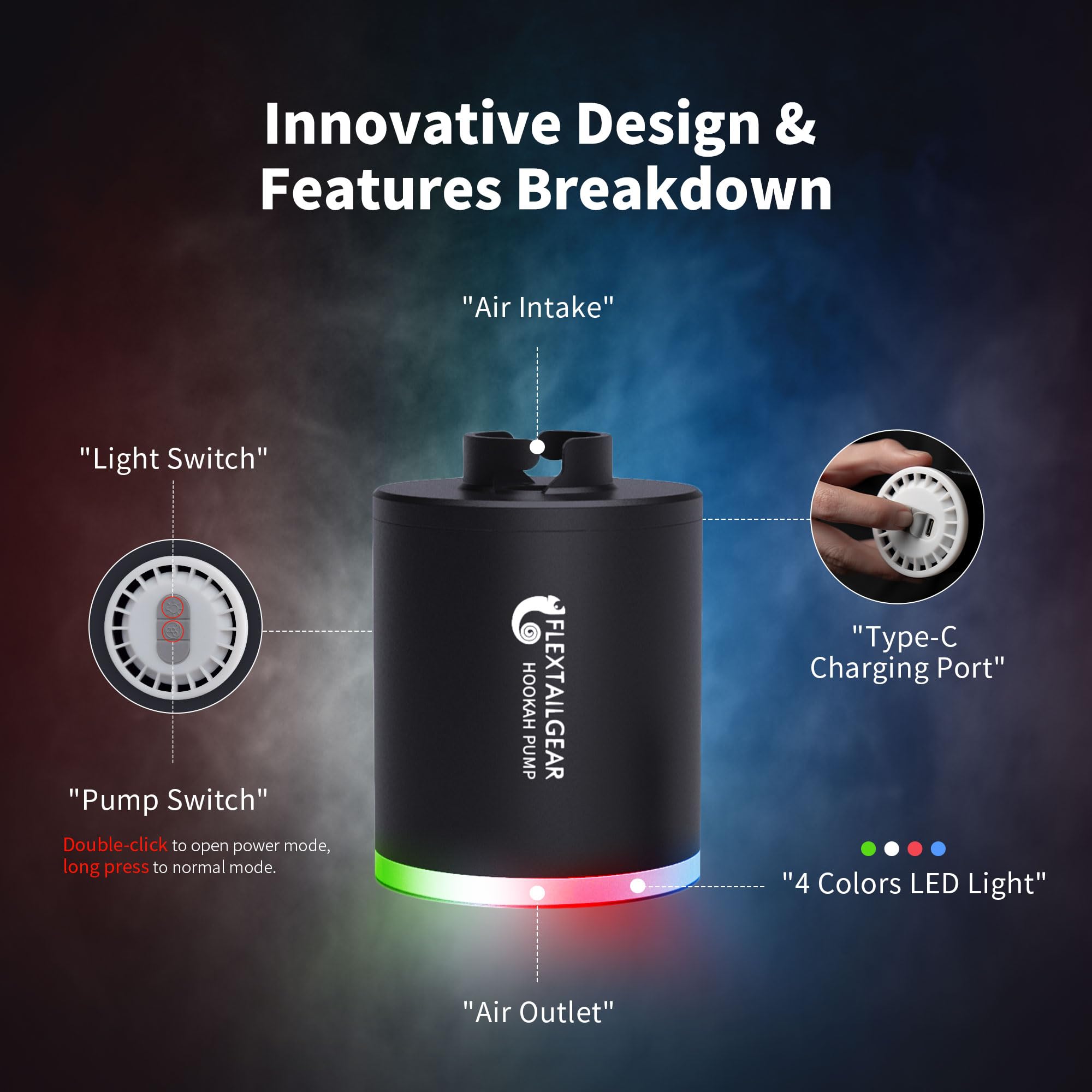 FLEXTAILGEAR Electric Hookah Starter Pump, Portable Hookah Accessories with 1300 mAh Rechargeable Battery Led Light, Coal Burner Helper Shisha Nargila Warm Up Set Smoke Bar Accessories