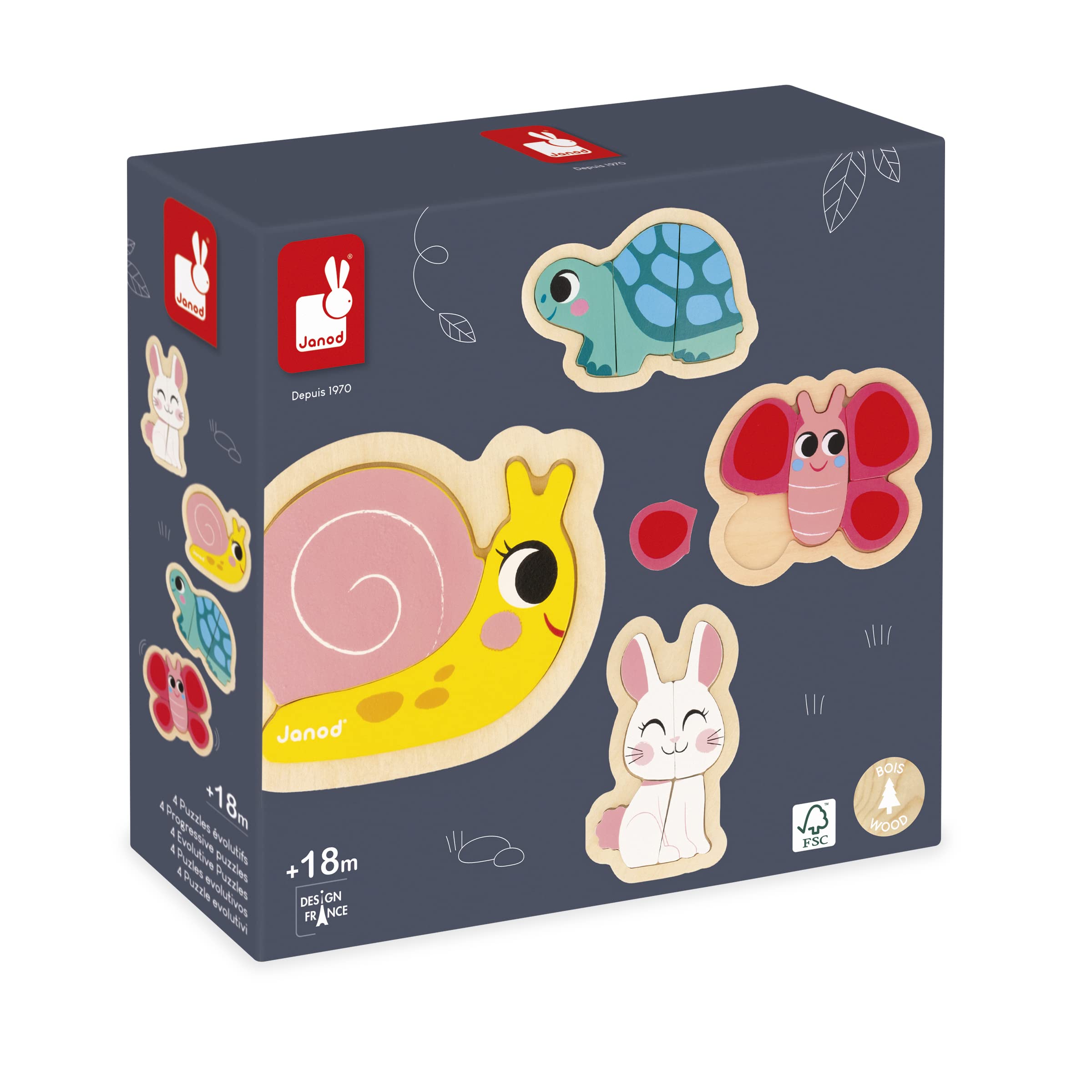 Janod - 4 Puzzle in Legno da 2 a 5 Pezzi - Puzzle Animali del Giardino - Giocattoli per Bambini - Giochi Educativi - Prima Infanzia - Dai 18 Mesi, J07116