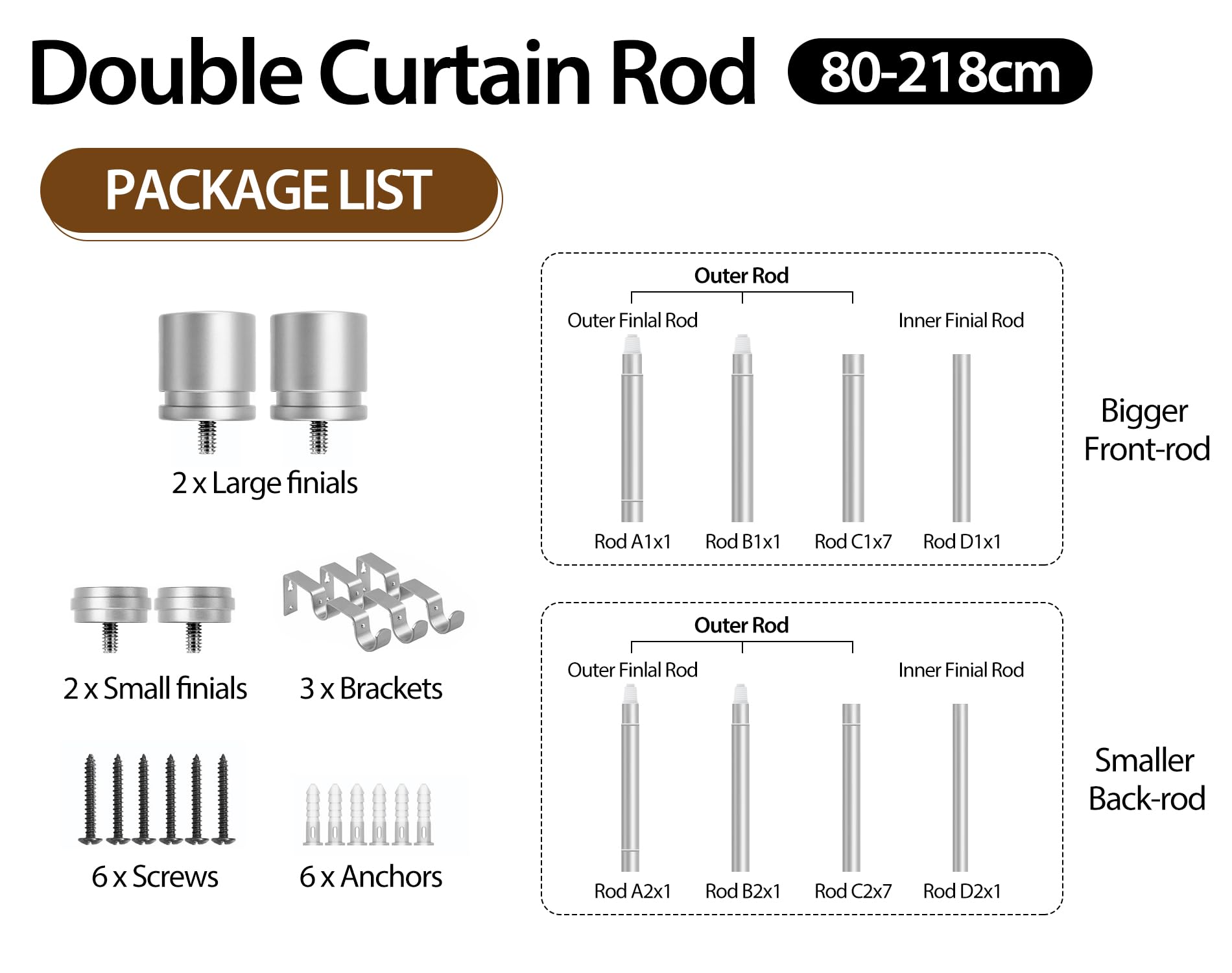 HOTOZON Barra de Cortina Doble 80-218 cm, 25 mm Diámetro Barra Cortinas Plata Extensible con Remates Clásicos, Juego de Barra de Cortina Doble para Baño, Salón, Dormitorio