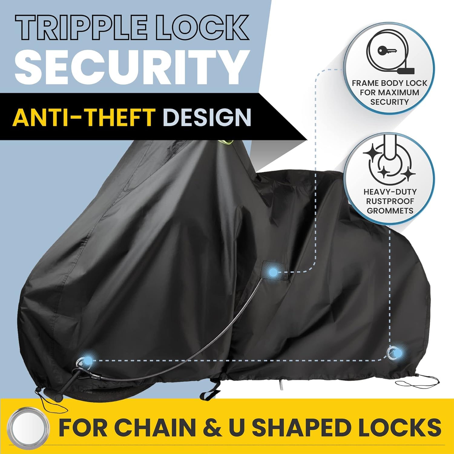 Waterproof Bicycle Cover for Outdoor Storage - Fits 1 or 2 Mountain, Road, Electric Bikes - Anti Theft Lock Holes for Frame Body & Wheels - Premium Heavy Duty Ripstop Fabric. For Rain or Snow.