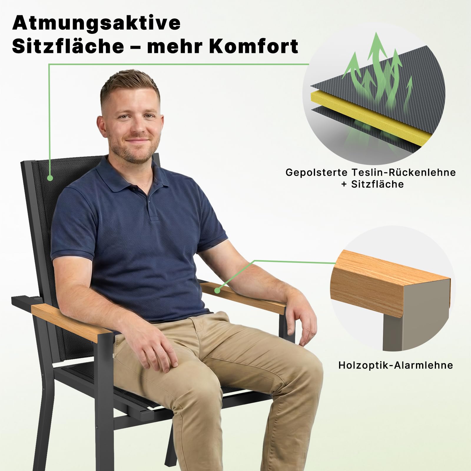TRIUMPHKEY Gartenstuhl aus wetterfestem mit Holzkorn Handlauf, Aluminium Outdoor Garten Stapelstühle mit Baumwollsitz für Balkon, Terrasse, Garten - Set aus 2 Stück, DunkelGrau