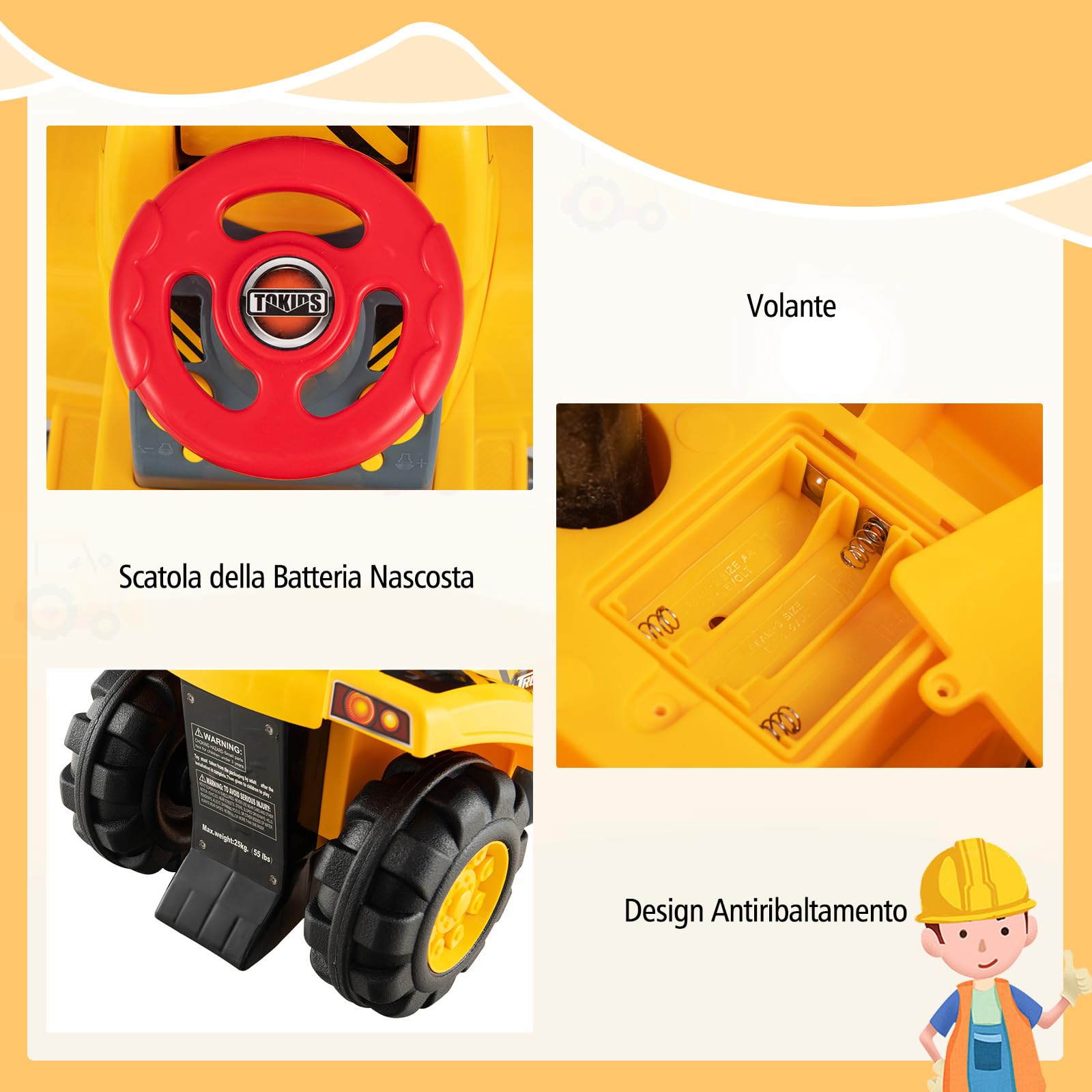 COSTWAY Escavatore Giocattolo Cavalcabile, Ruspa Elettrica Multifunzione con Suoni Realistici, Funzione Avanti e Dietro, Regalo per Bambini 3 Anni +, 85x45x30 cm (Stile 1)