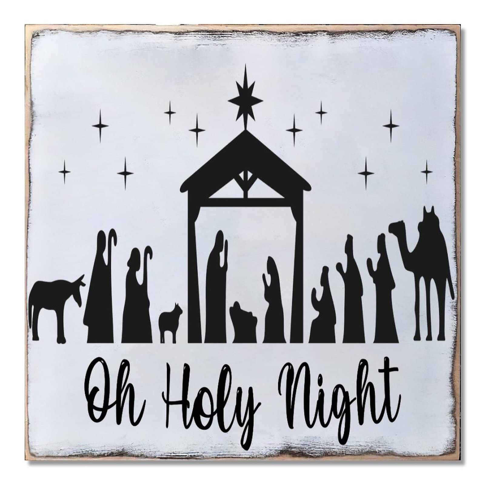 Crèche de Noël rustique suspendue bois panneau maison ferme hiver 40cm