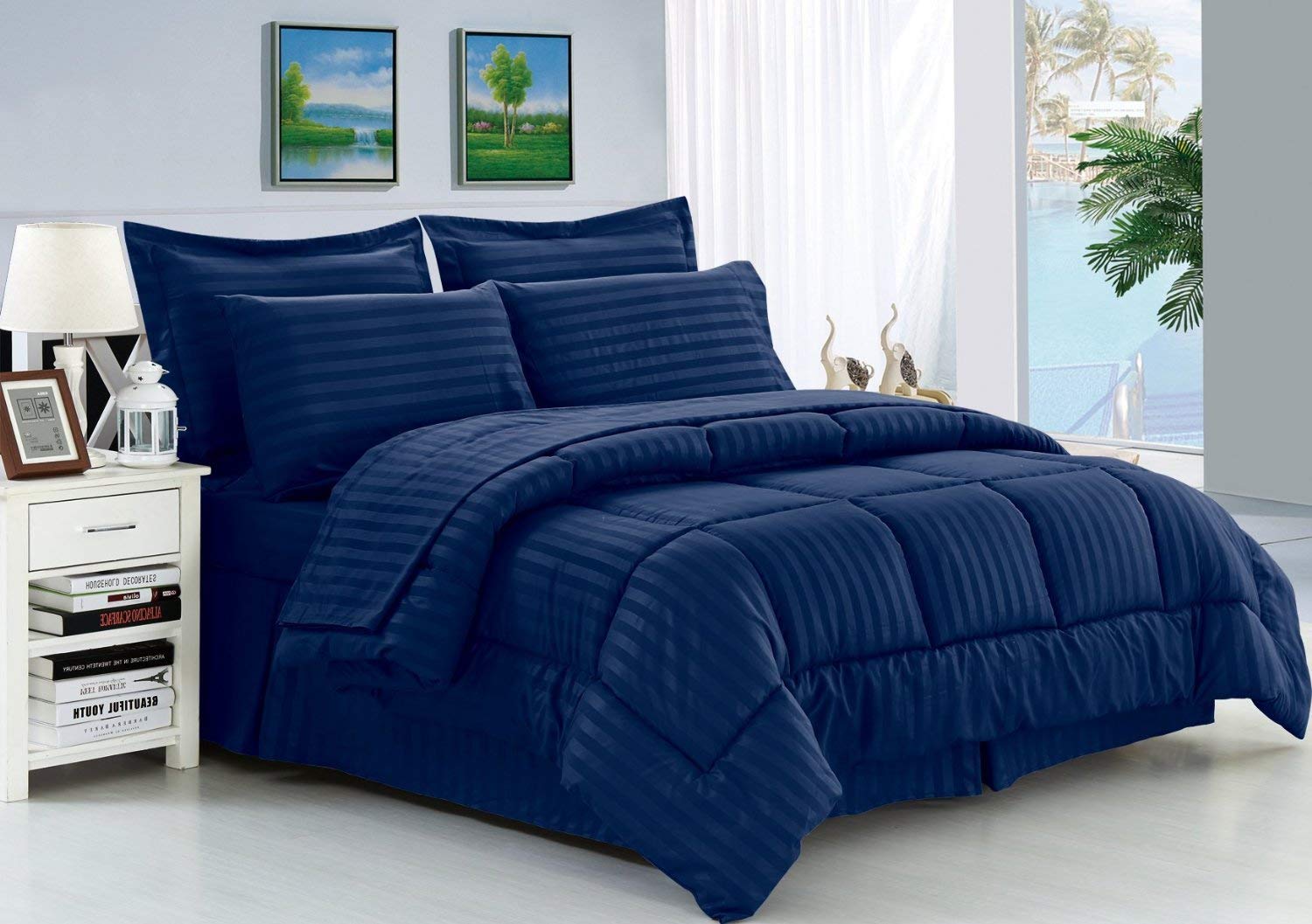 Hotel Luxurious & Soft 3 Piece Comforter 300 GSM 100% Egyptian Cotton 1200 Thread Count Pattern Stripe (King Navy Blue,Stripe)