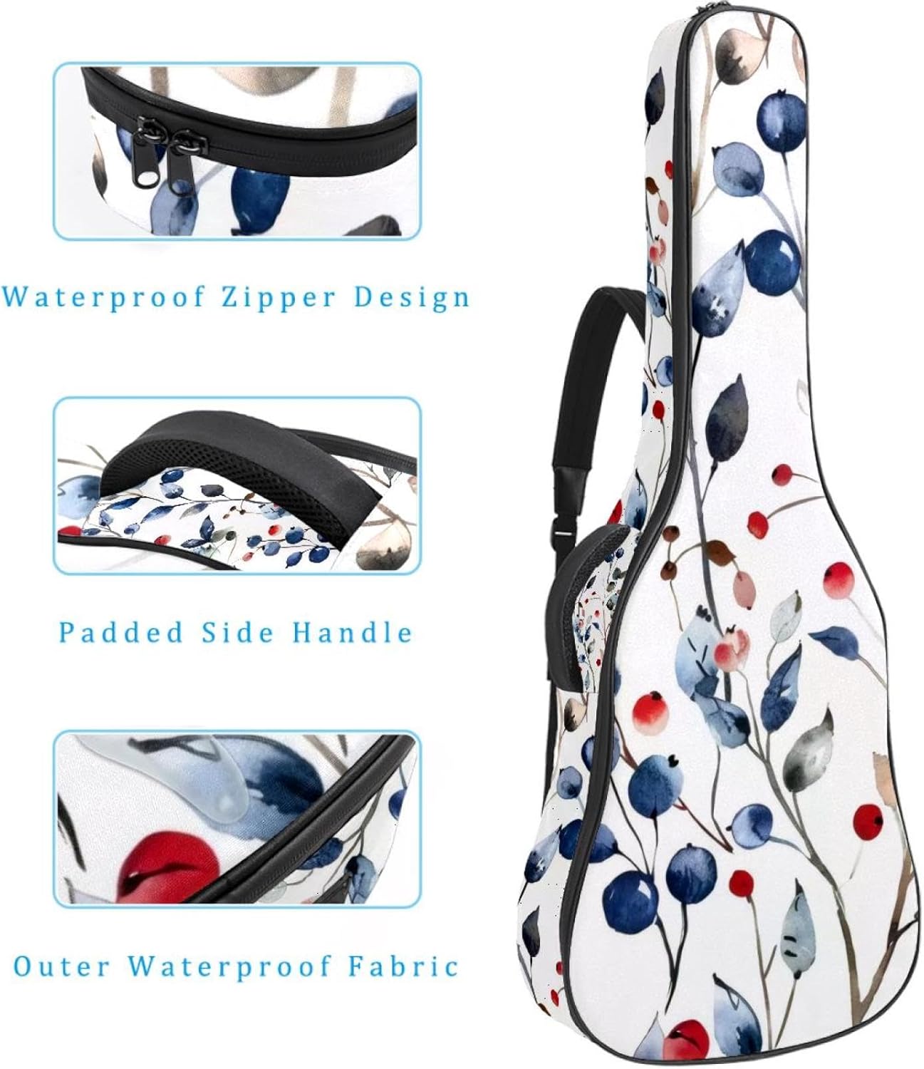Acoustic Guitar Bag 0.4 Inch Thick Padding Waterproof Guitar Case Gig Bag for 40 41 42 Inch Electric Bass Classical Guitar, Watercolor Sprigs of Plants and Wild Berries Pattern