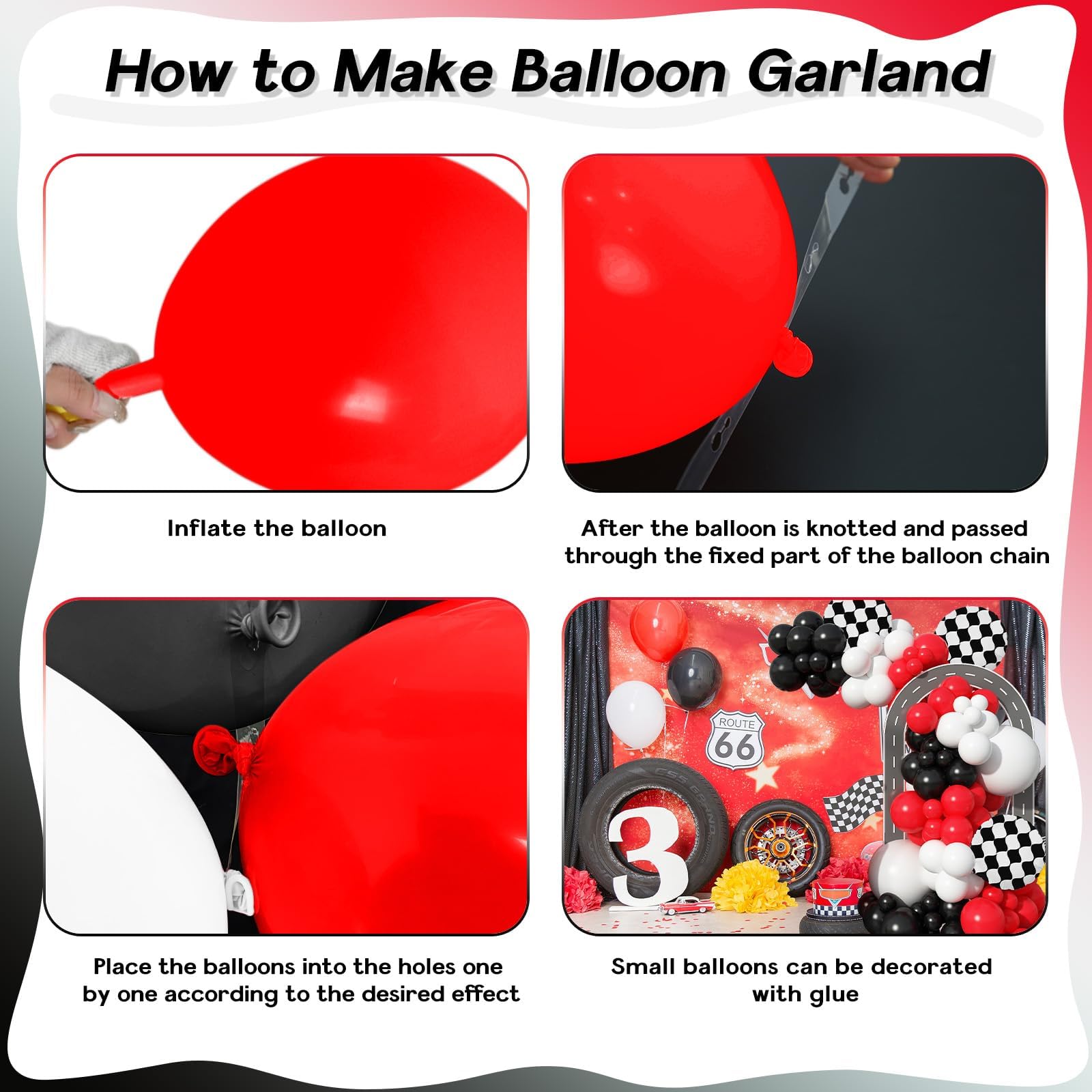 Racing Car Balloons Arch Garland Kit, Red and Black White Checkered Foil Balloons Garland Kit, Wheels Balloon for Boys Birthday Baby Shower Race Car Theme Party Decorations Supplies — view 9