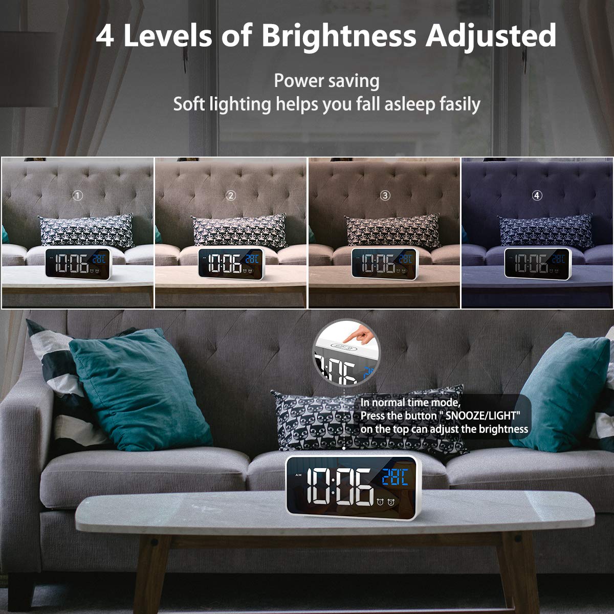 LATEC Reloj Despertador, LED Pantalla Reloj Despertador Digital con Espejo, Doble Alarma, Temperatura, Puerto de Carga USB, 10 Música, 4 Brillo Ajustable, 12/24H(Blanco) — view 6