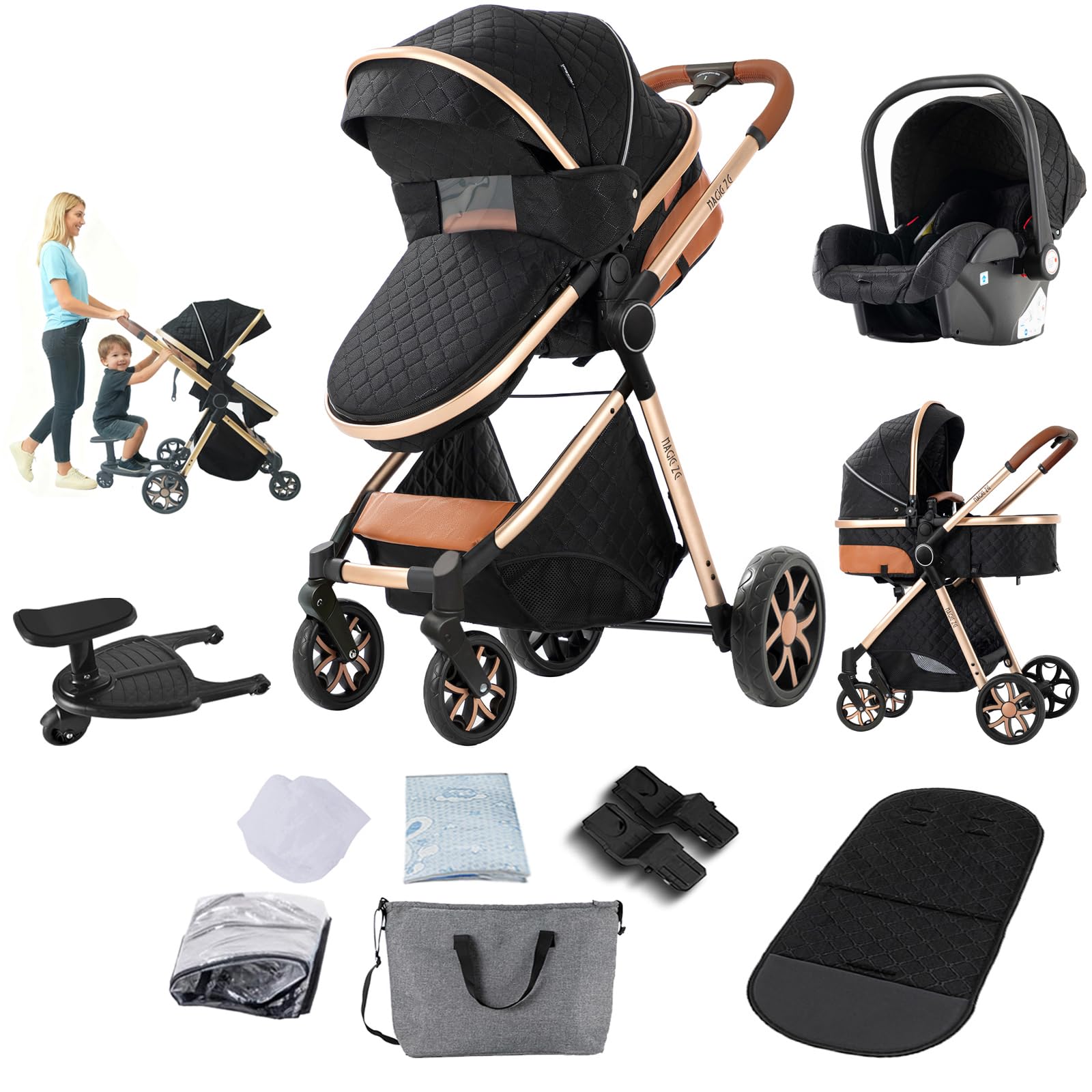 Reenborn Kinderwagen 3 in 1, Buggy mit Ein-Klick-Faltdesign, Kinderwagen mit Zwei Umkehrbaren Schiebemodi, Kombikinderwagen 3 in 1 Komplettset mit Rahmen Aluminiumlegierung (FV9 Black)